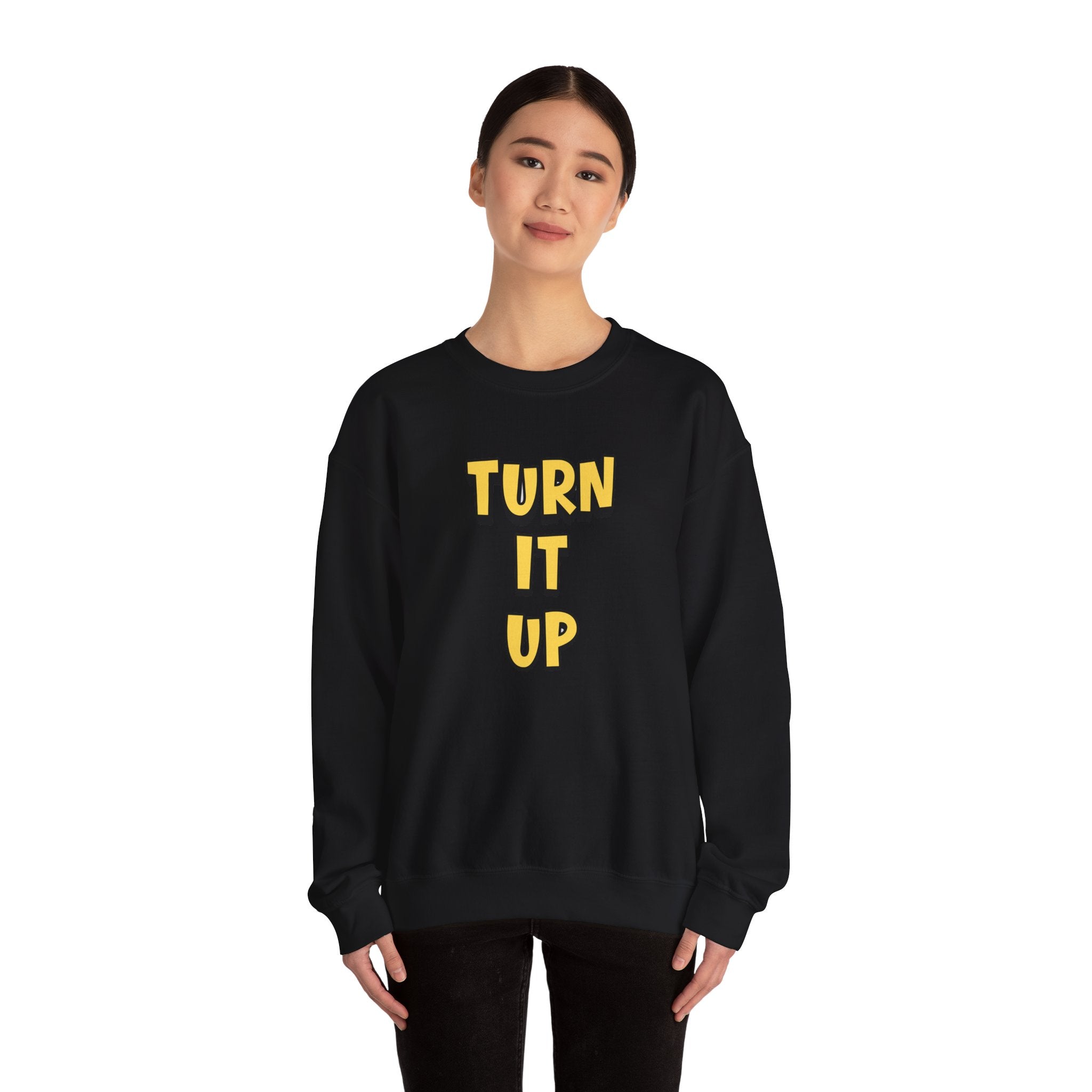 Turn It Up Sweatshirt | Rugby Crewneck Jumper, Yellow Block Text Graphic, UK Sports Fan