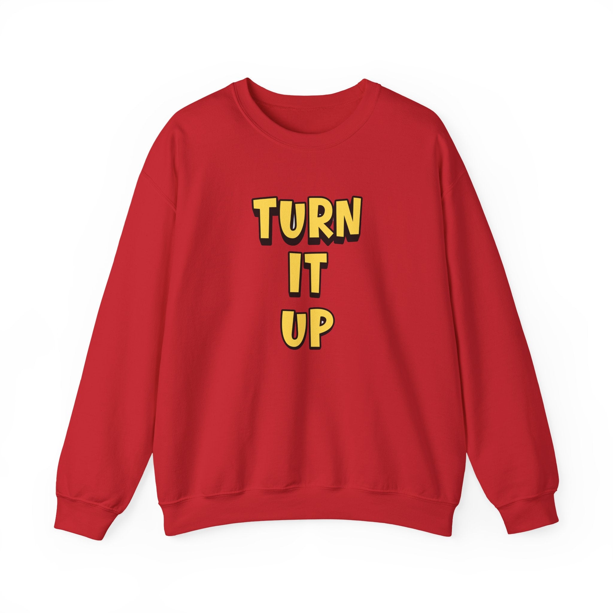 Turn It Up Sweatshirt | Rugby Crewneck Jumper, Yellow Block Text Graphic, UK Sports Fan