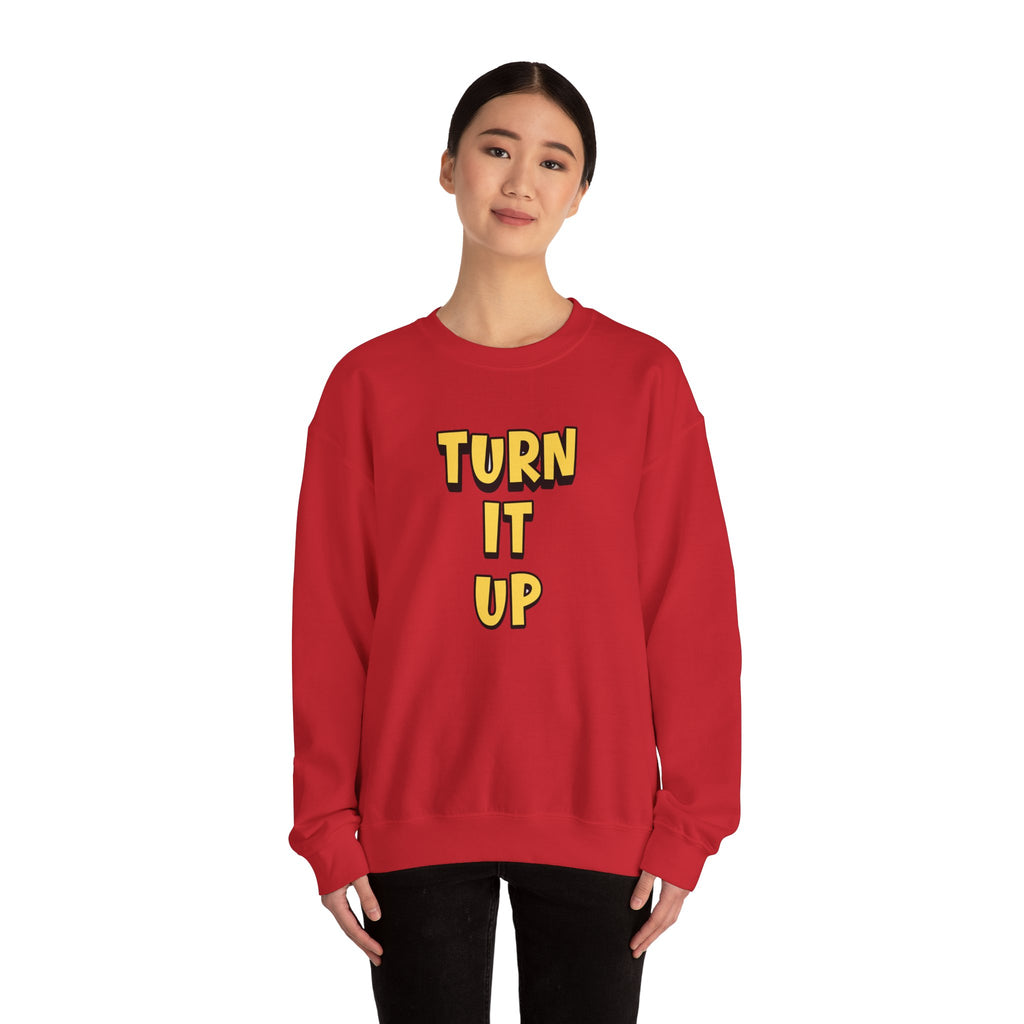 Turn It Up Sweatshirt | Rugby Crewneck Jumper, Yellow Block Text Graphic, UK Sports Fan