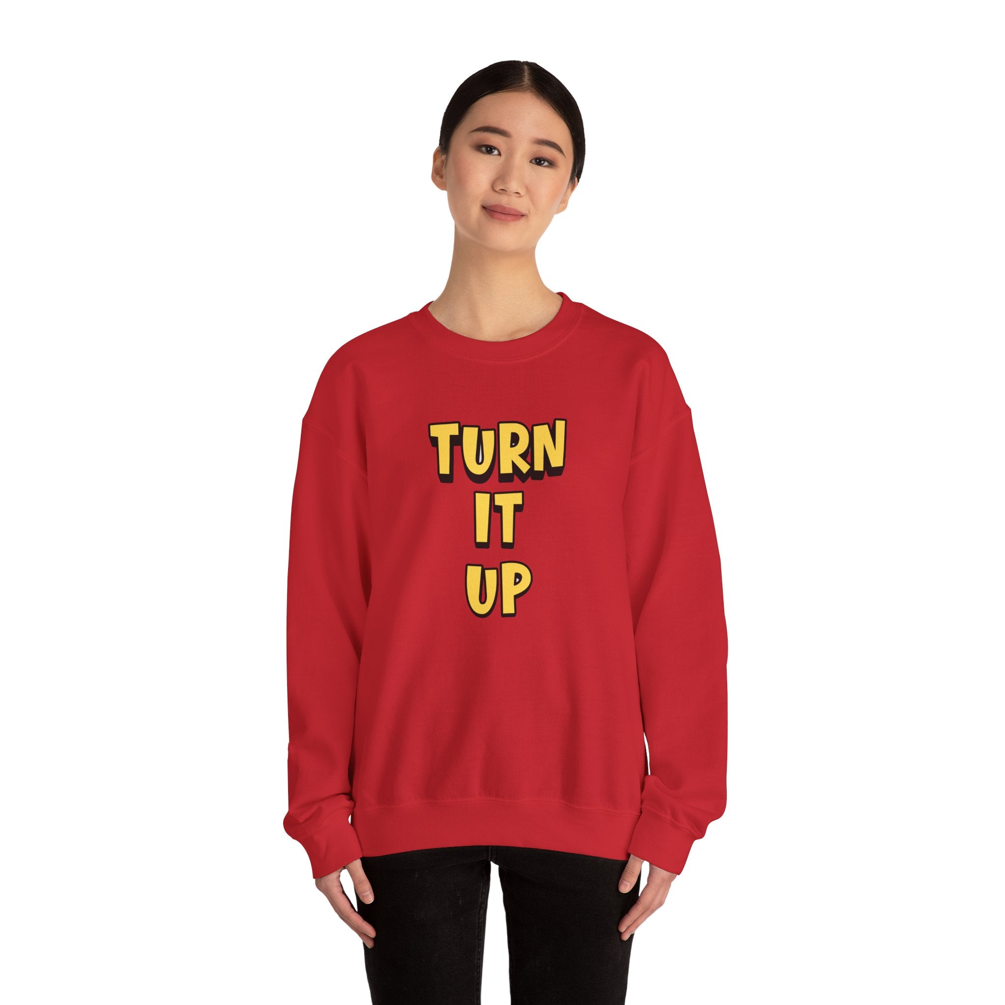 Turn It Up Sweatshirt | Rugby Crewneck Jumper, Yellow Block Text Graphic, UK Sports Fan