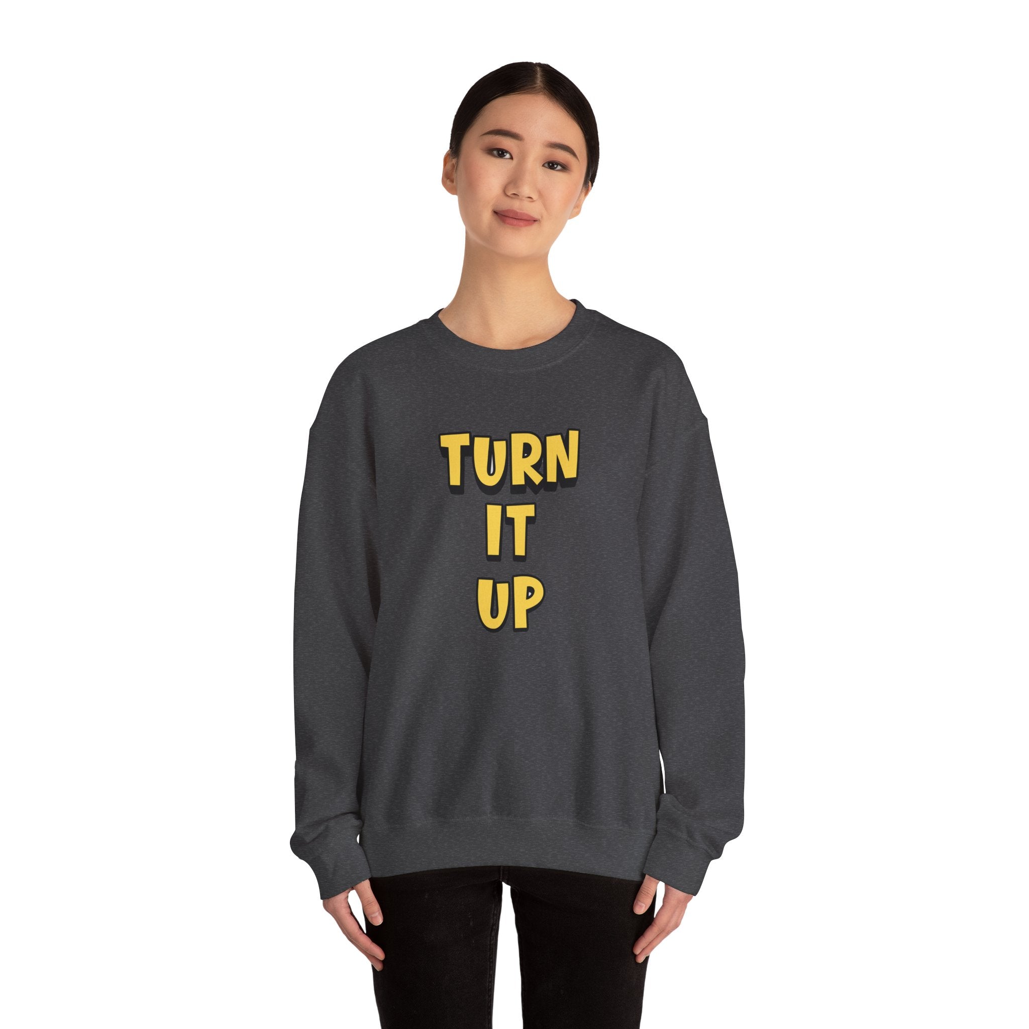 Turn It Up Sweatshirt | Rugby Crewneck Jumper, Yellow Block Text Graphic, UK Sports Fan