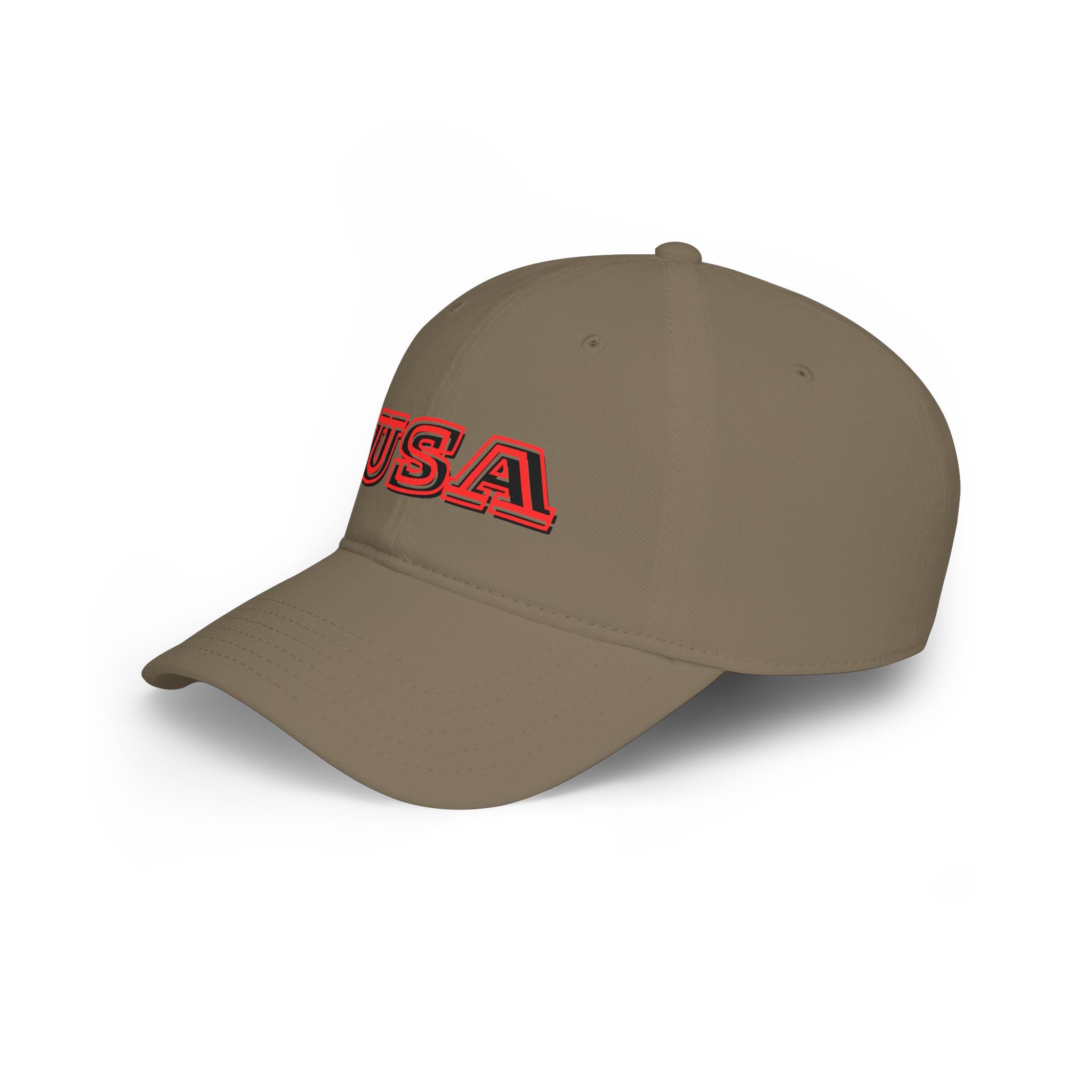 USA outline logo Low Profile Cap | Patriotic American hat, red embroidered text