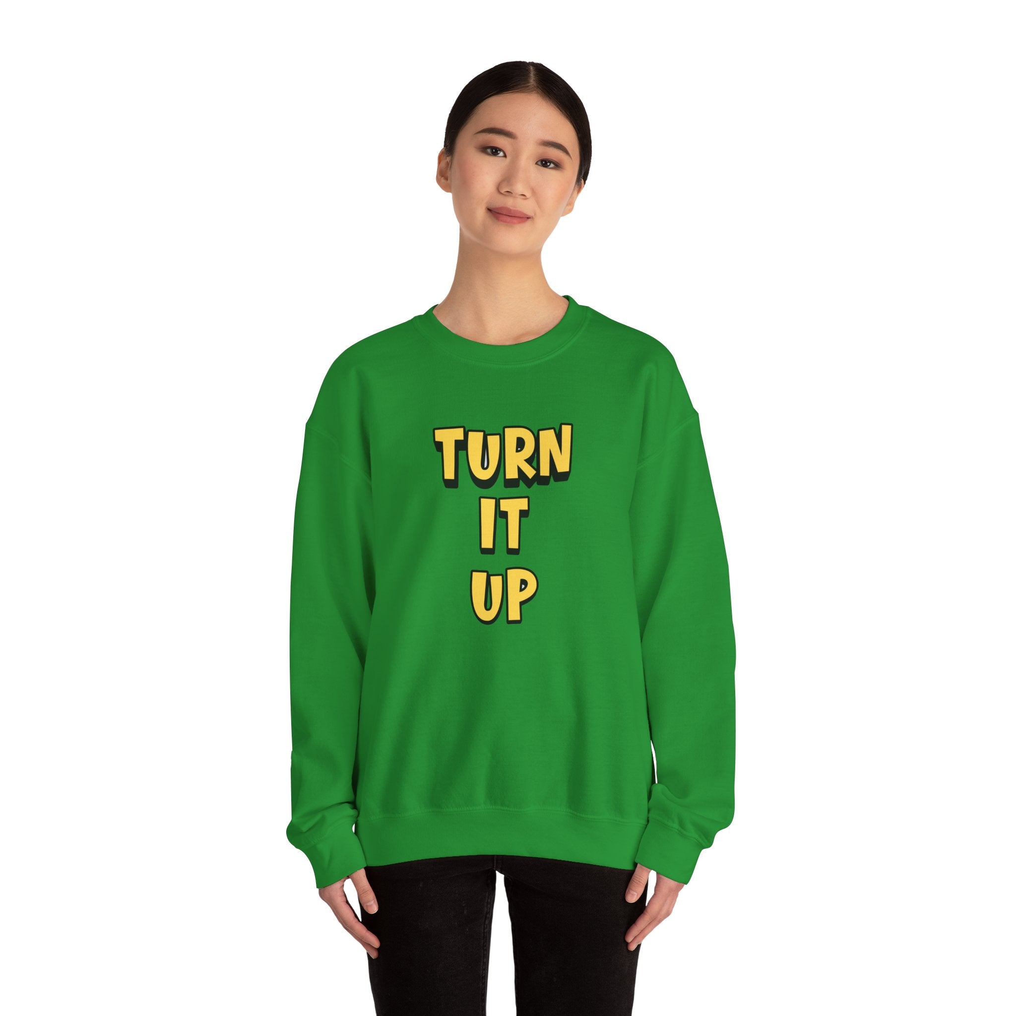 Turn It Up Sweatshirt | Rugby Crewneck Jumper, Yellow Block Text Graphic, UK Sports Fan