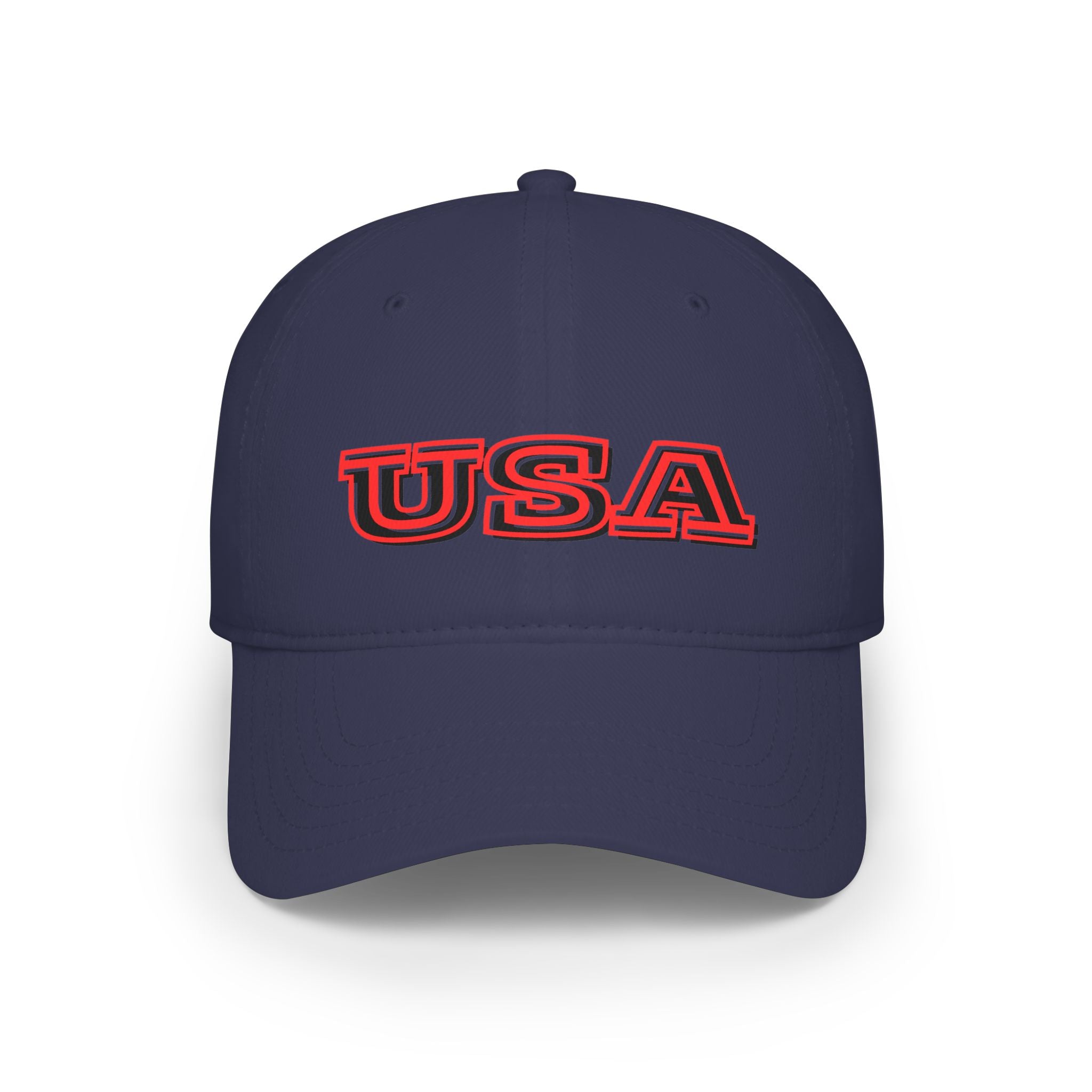 USA outline logo Low Profile Cap | Patriotic American hat, red embroidered text