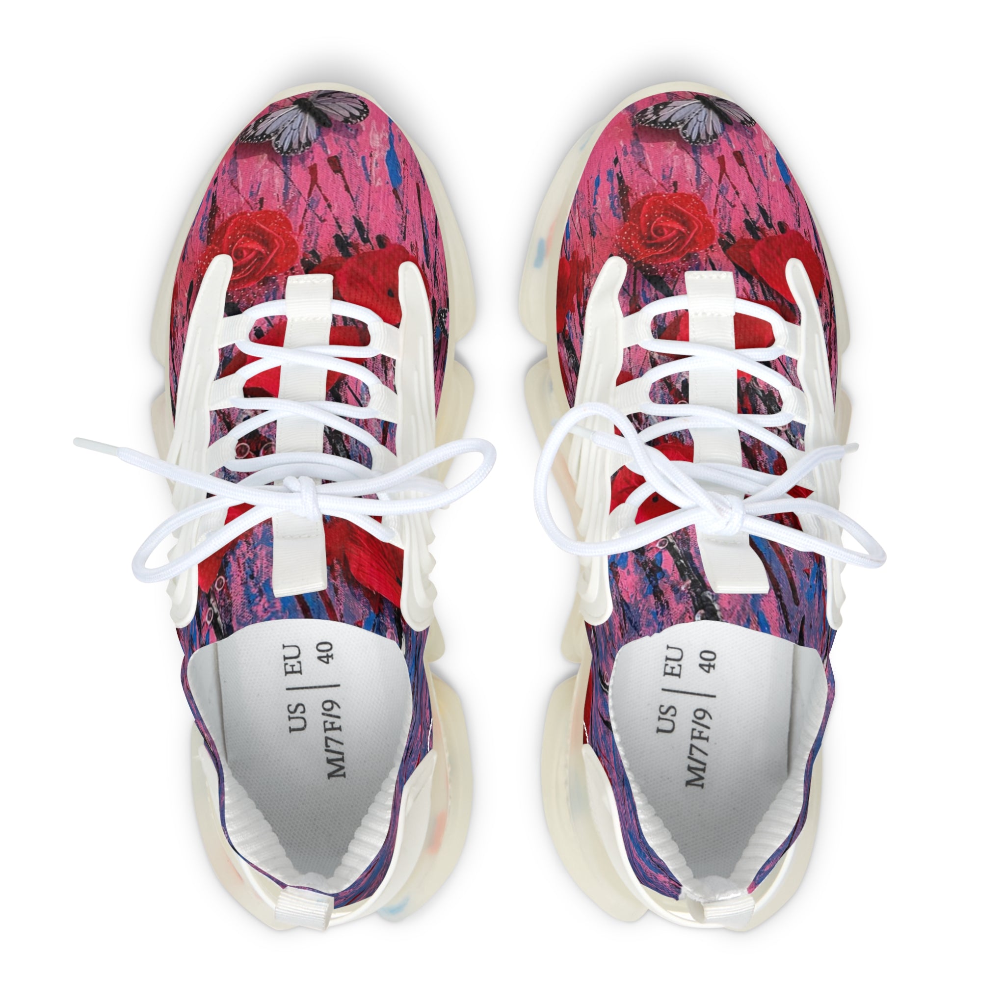 Pink Red Abstract Floral Poppy Print Women's Mesh Sneakers | Athletic Running Shoes