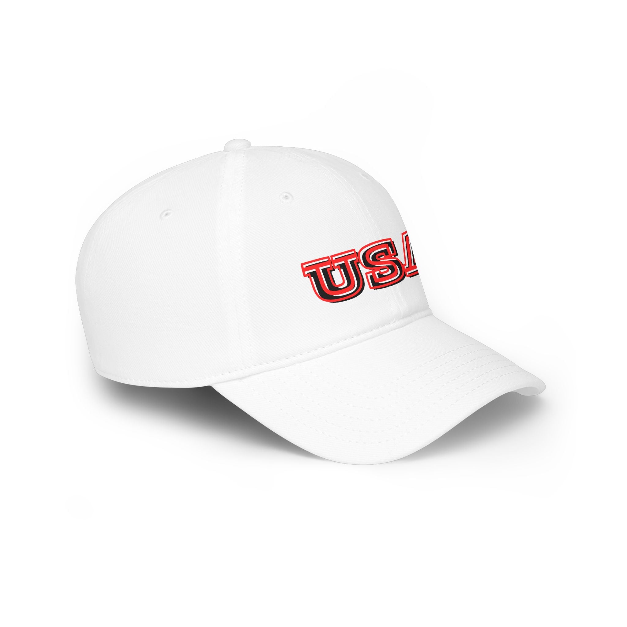 USA outline logo Low Profile Cap | Patriotic American hat, red embroidered text