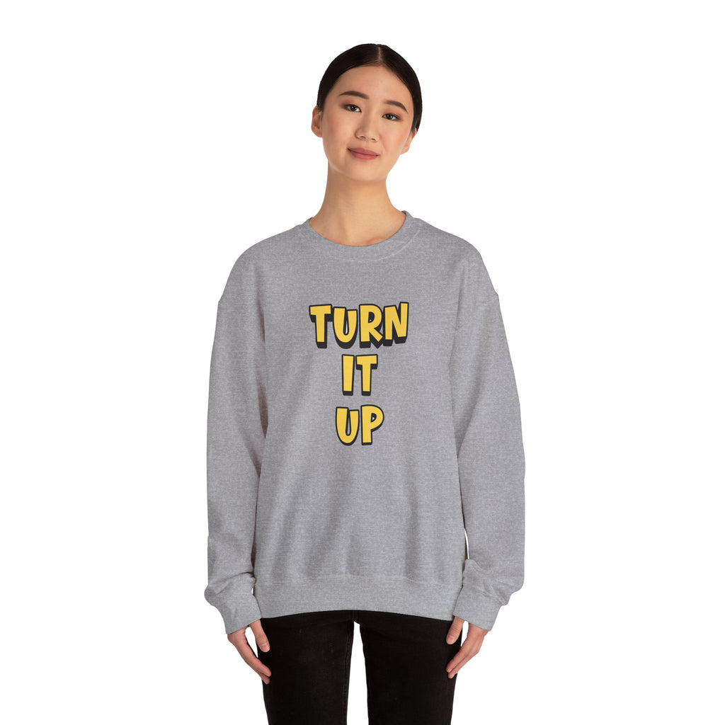 Turn It Up Sweatshirt | Rugby Crewneck Jumper, Yellow Block Text Graphic, UK Sports Fan