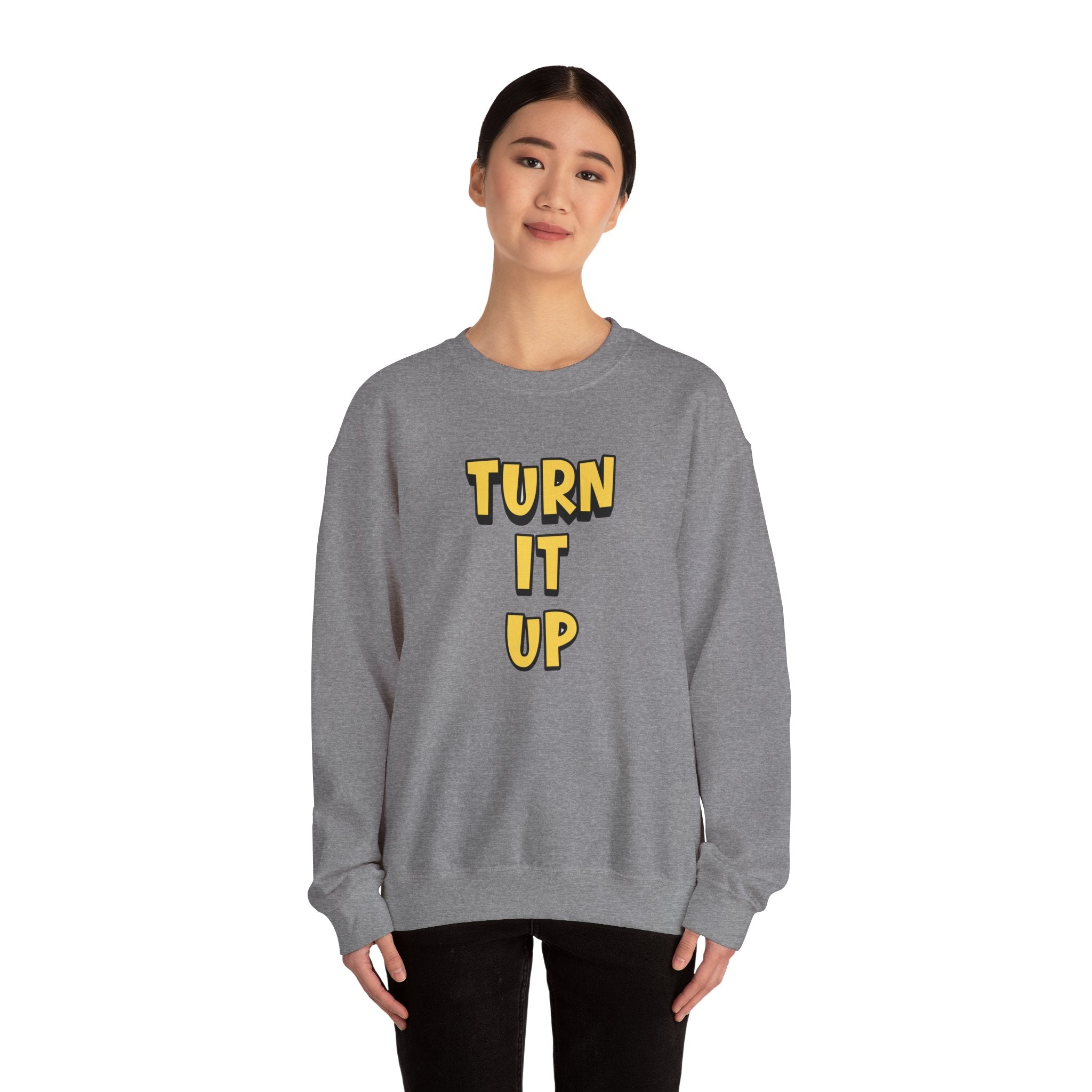 Turn It Up Sweatshirt | Rugby Crewneck Jumper, Yellow Block Text Graphic, UK Sports Fan