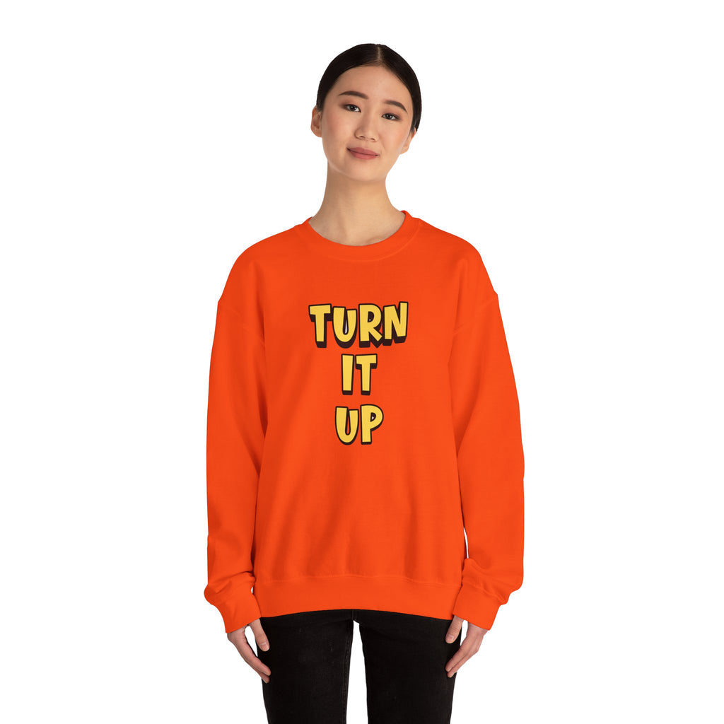 Turn It Up Sweatshirt | Rugby Crewneck Jumper, Yellow Block Text Graphic, UK Sports Fan