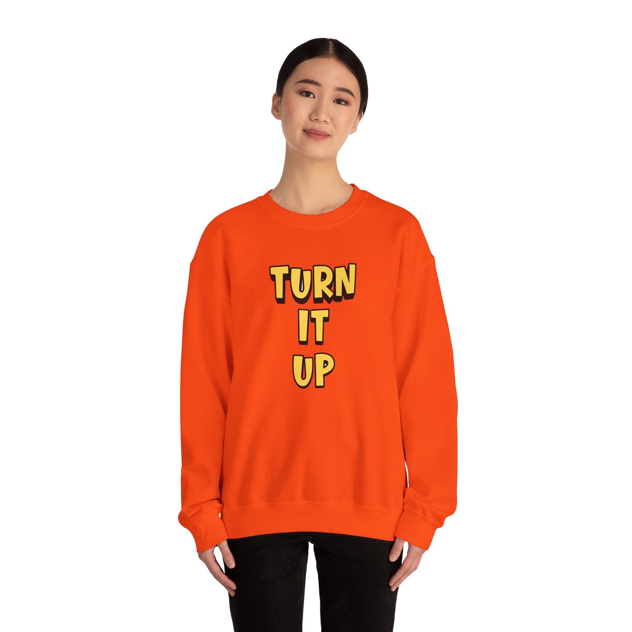 Turn It Up Sweatshirt | Rugby Crewneck Jumper, Yellow Block Text Graphic, UK Sports Fan