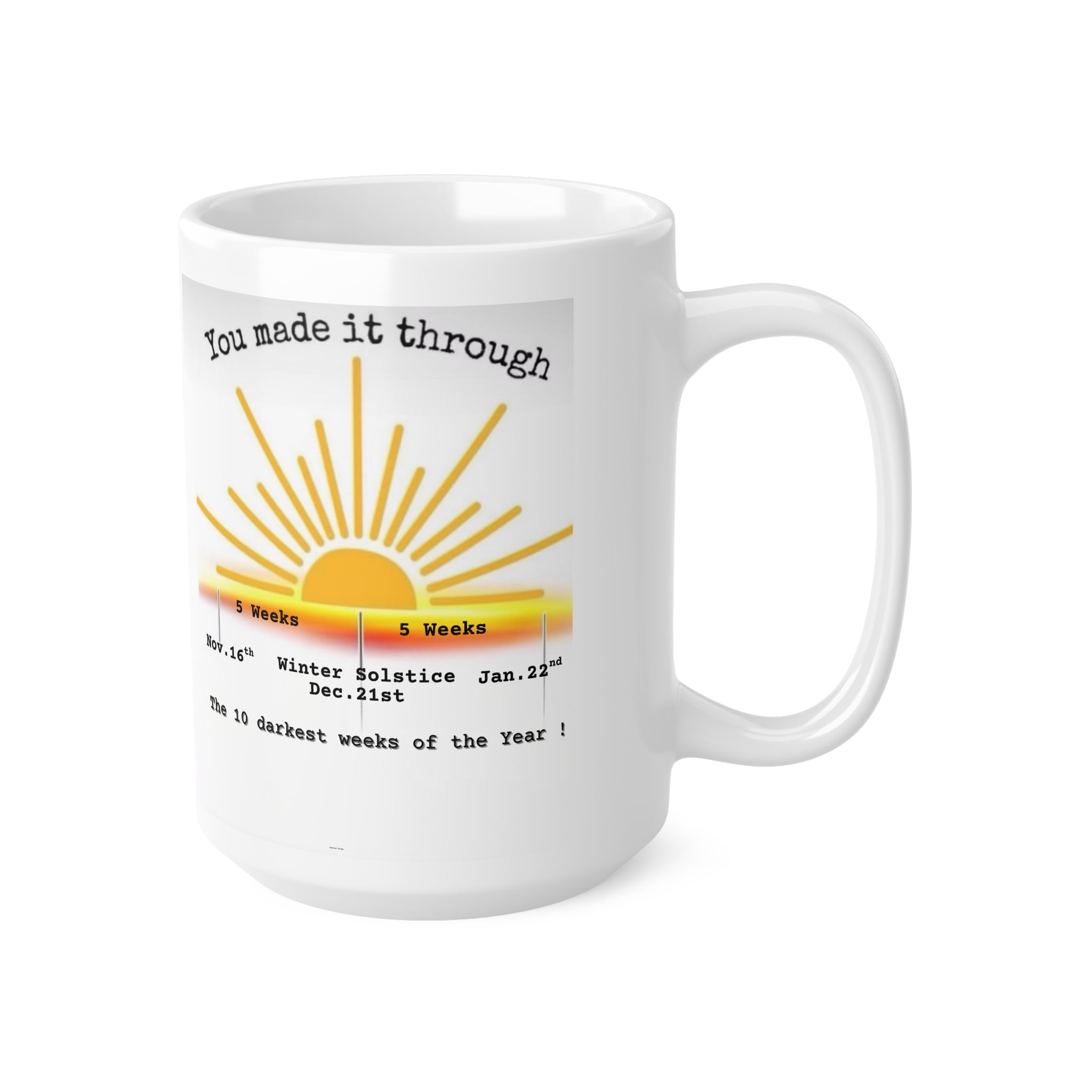You Made It Through the 10 Darkest Weeks of the Year Mug — Motivational Winter Survival Coffee Cup (11oz, 15oz)