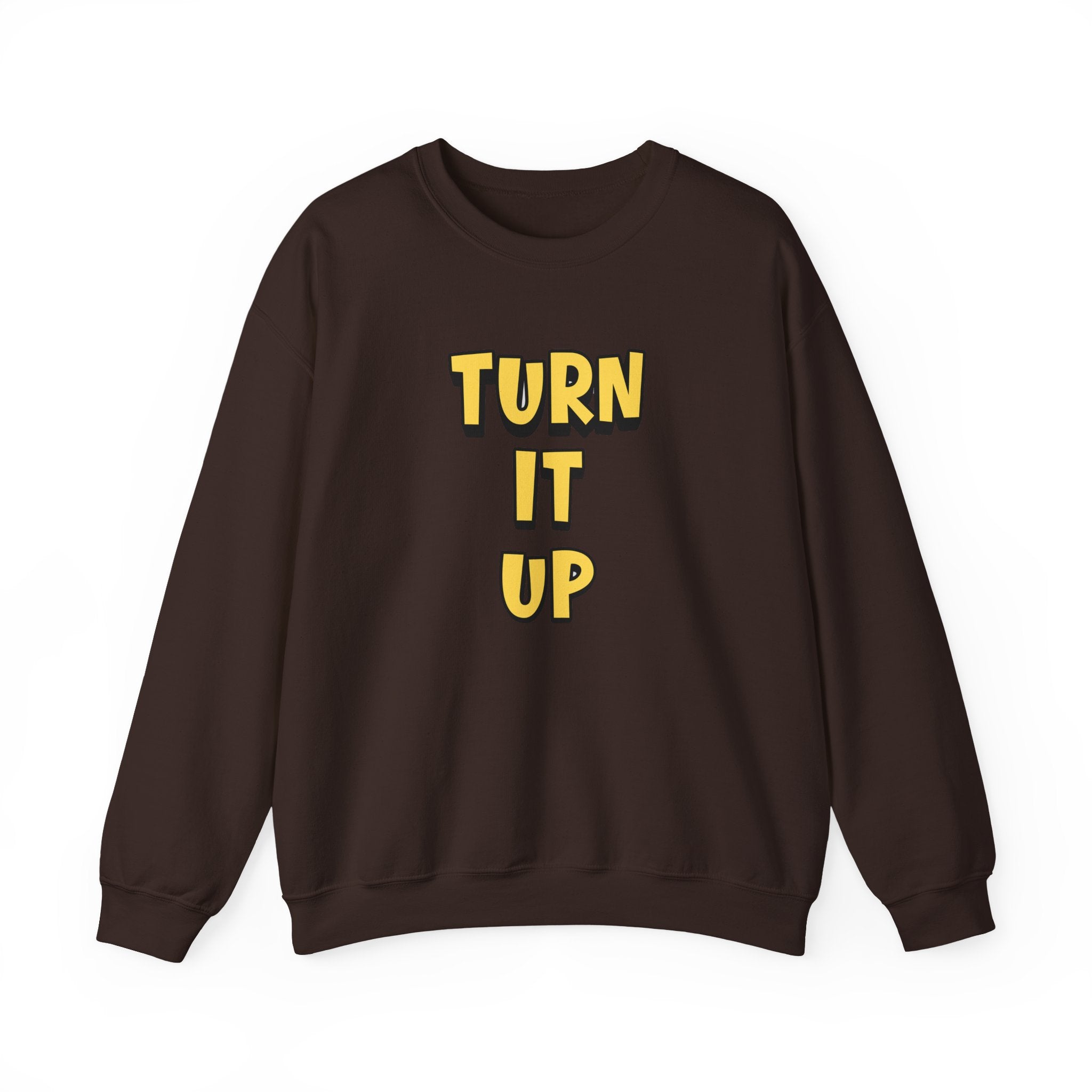 Turn It Up Sweatshirt | Rugby Crewneck Jumper, Yellow Block Text Graphic, UK Sports Fan
