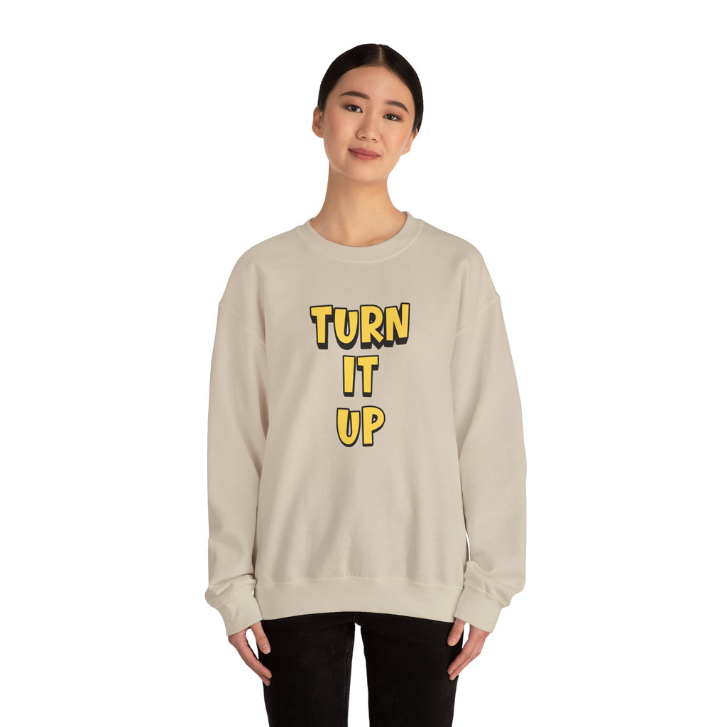 Turn It Up Sweatshirt | Rugby Crewneck Jumper, Yellow Block Text Graphic, UK Sports Fan