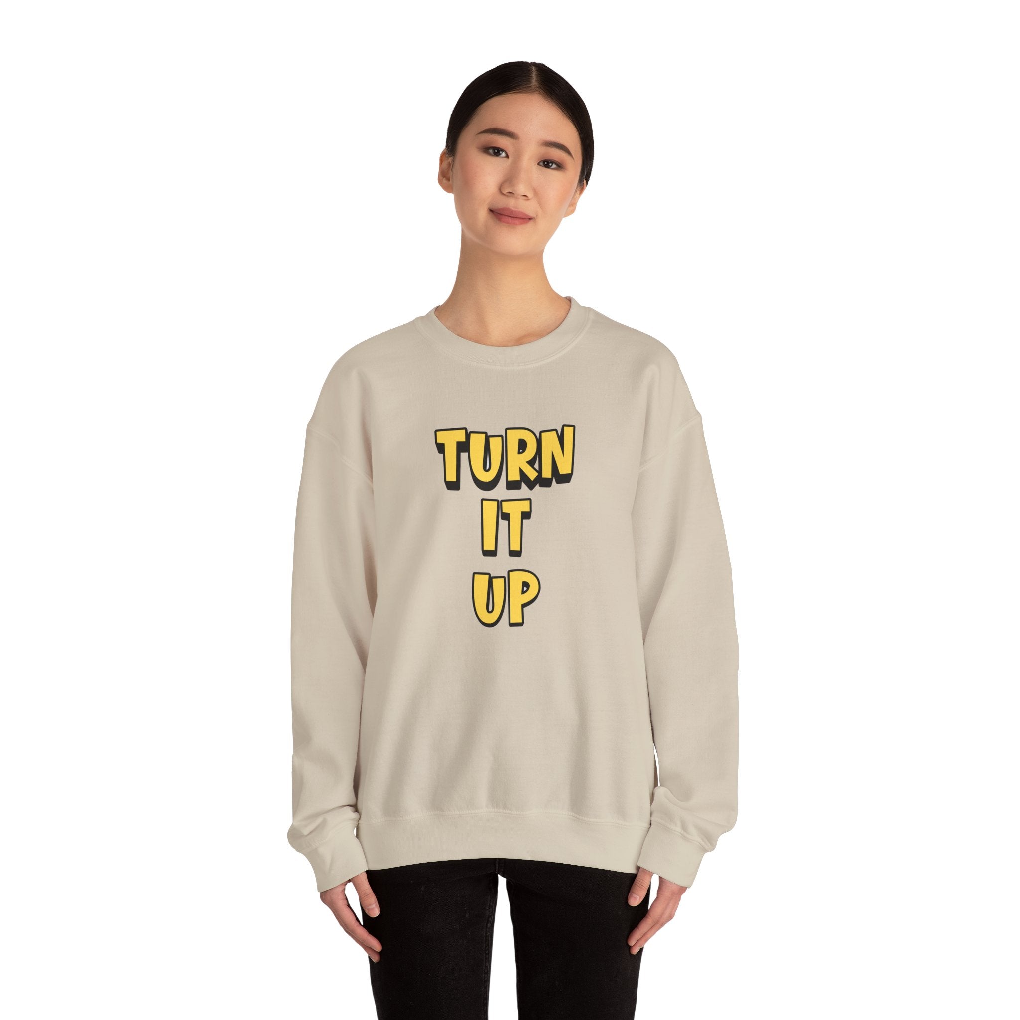 Turn It Up Sweatshirt | Rugby Crewneck Jumper, Yellow Block Text Graphic, UK Sports Fan