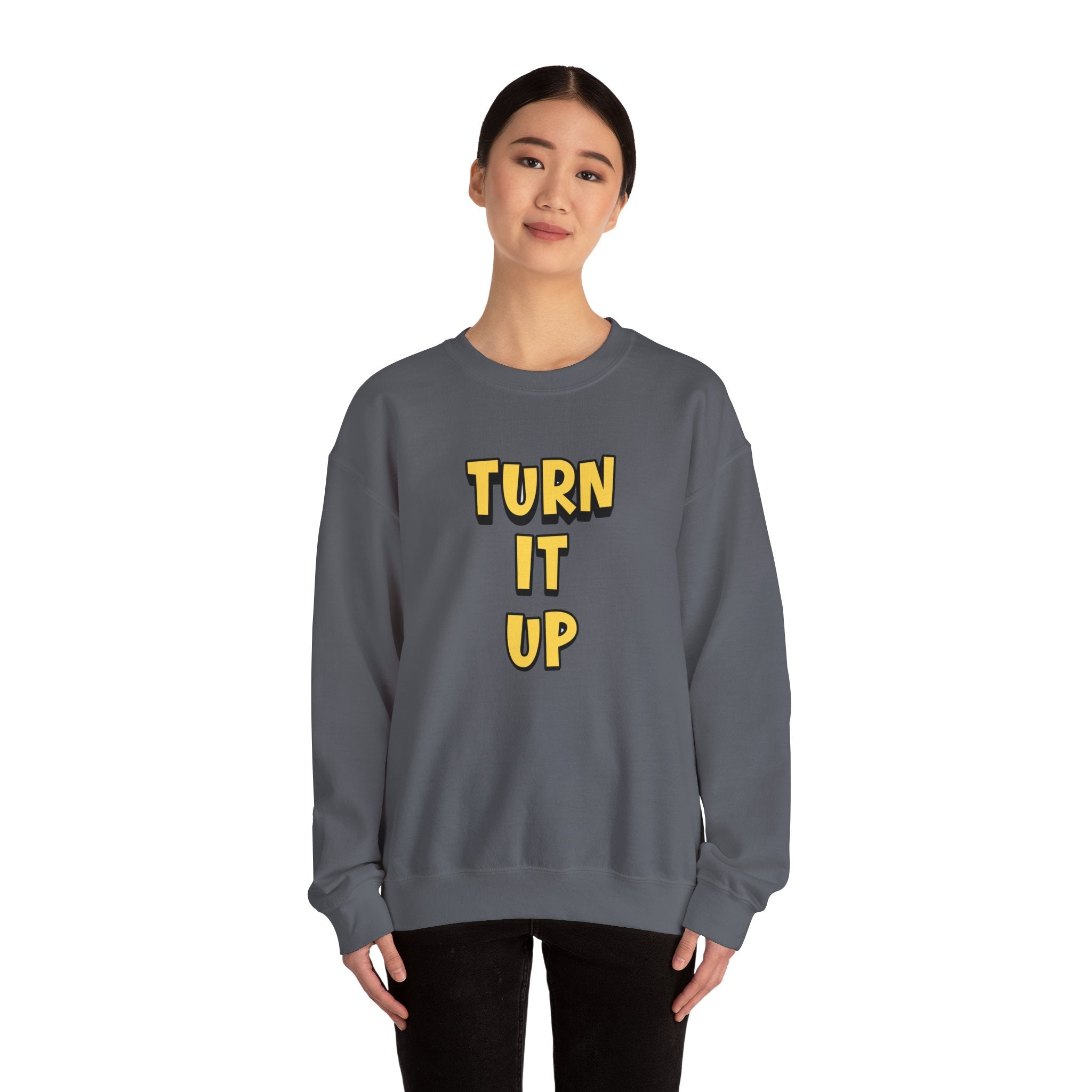 Turn It Up Sweatshirt | Rugby Crewneck Jumper, Yellow Block Text Graphic, UK Sports Fan