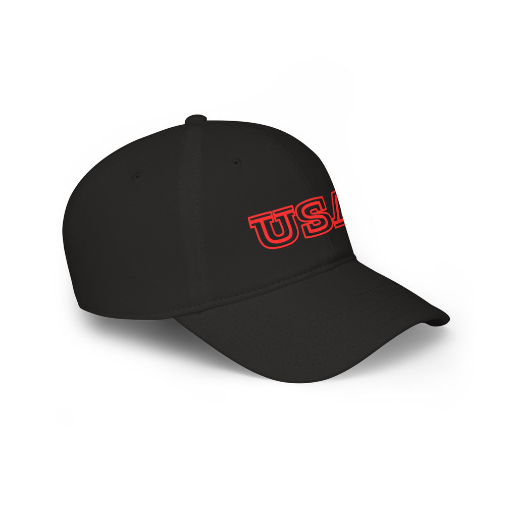 USA outline logo Low Profile Cap | Patriotic American hat, red embroidered text