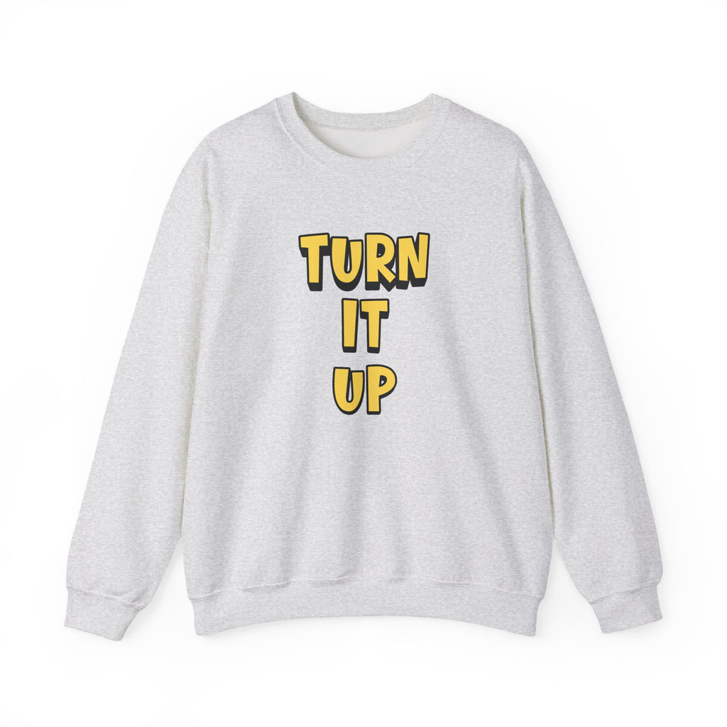 Turn It Up Sweatshirt | Rugby Crewneck Jumper, Yellow Block Text Graphic, UK Sports Fan