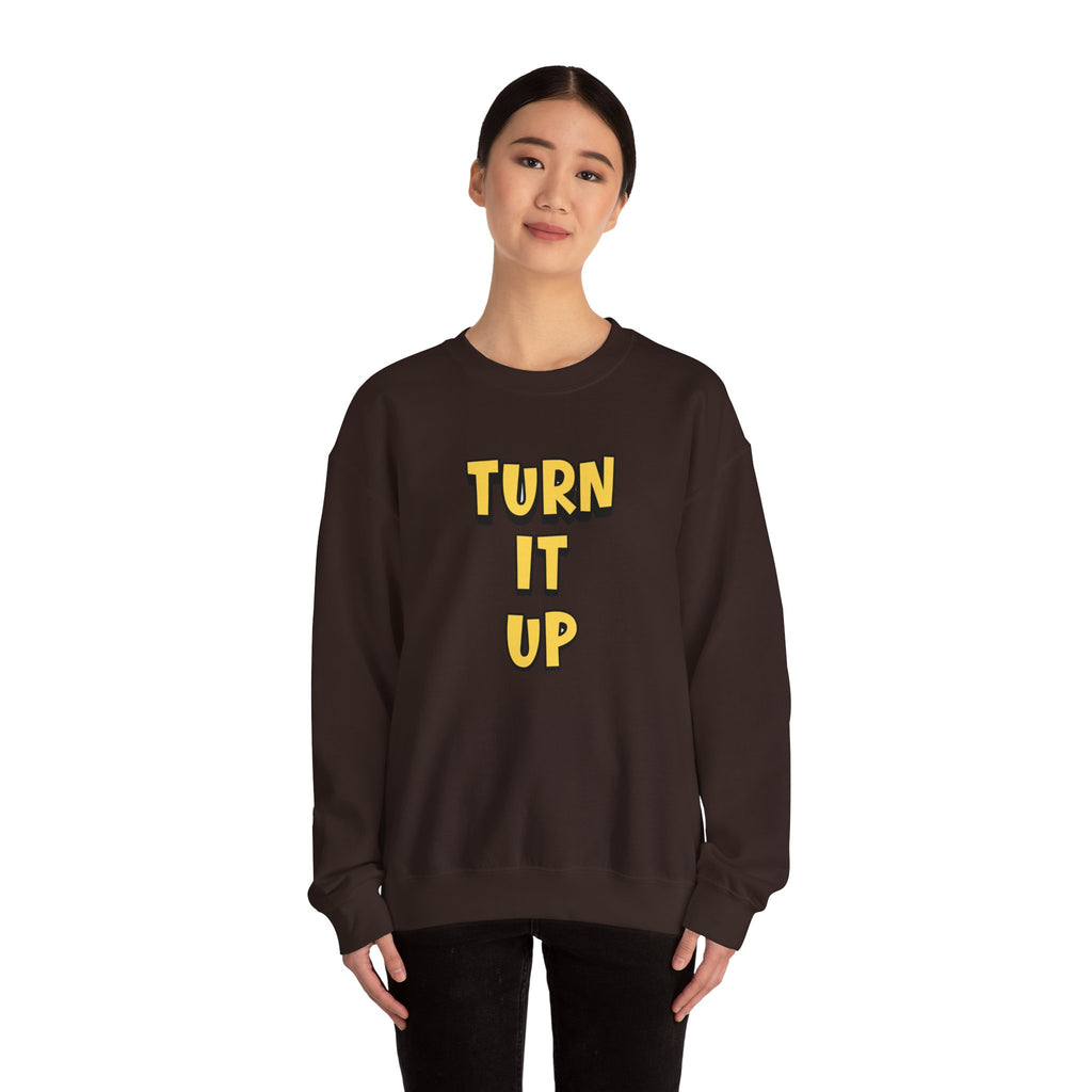 Turn It Up Sweatshirt | Rugby Crewneck Jumper, Yellow Block Text Graphic, UK Sports Fan