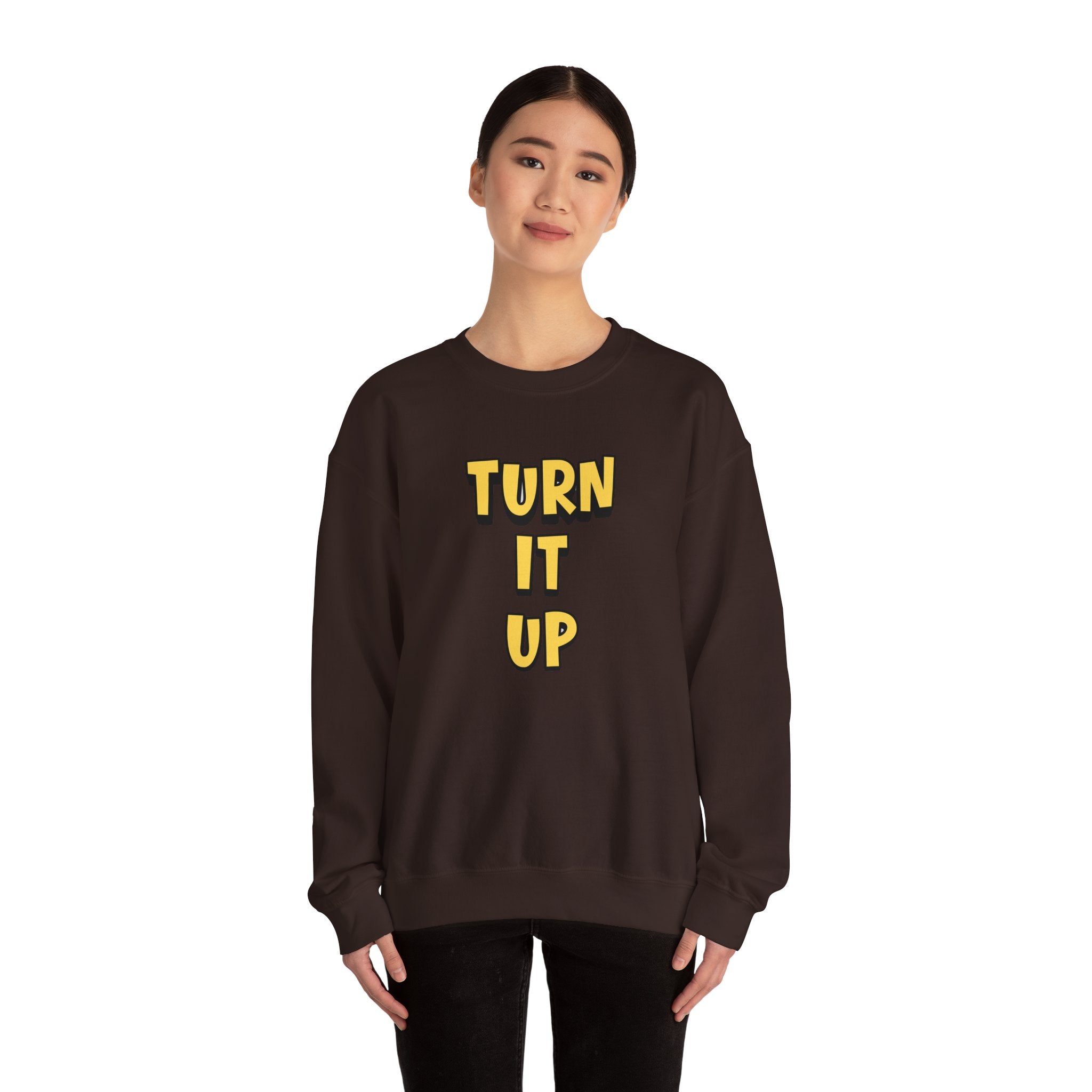 Turn It Up Sweatshirt | Rugby Crewneck Jumper, Yellow Block Text Graphic, UK Sports Fan