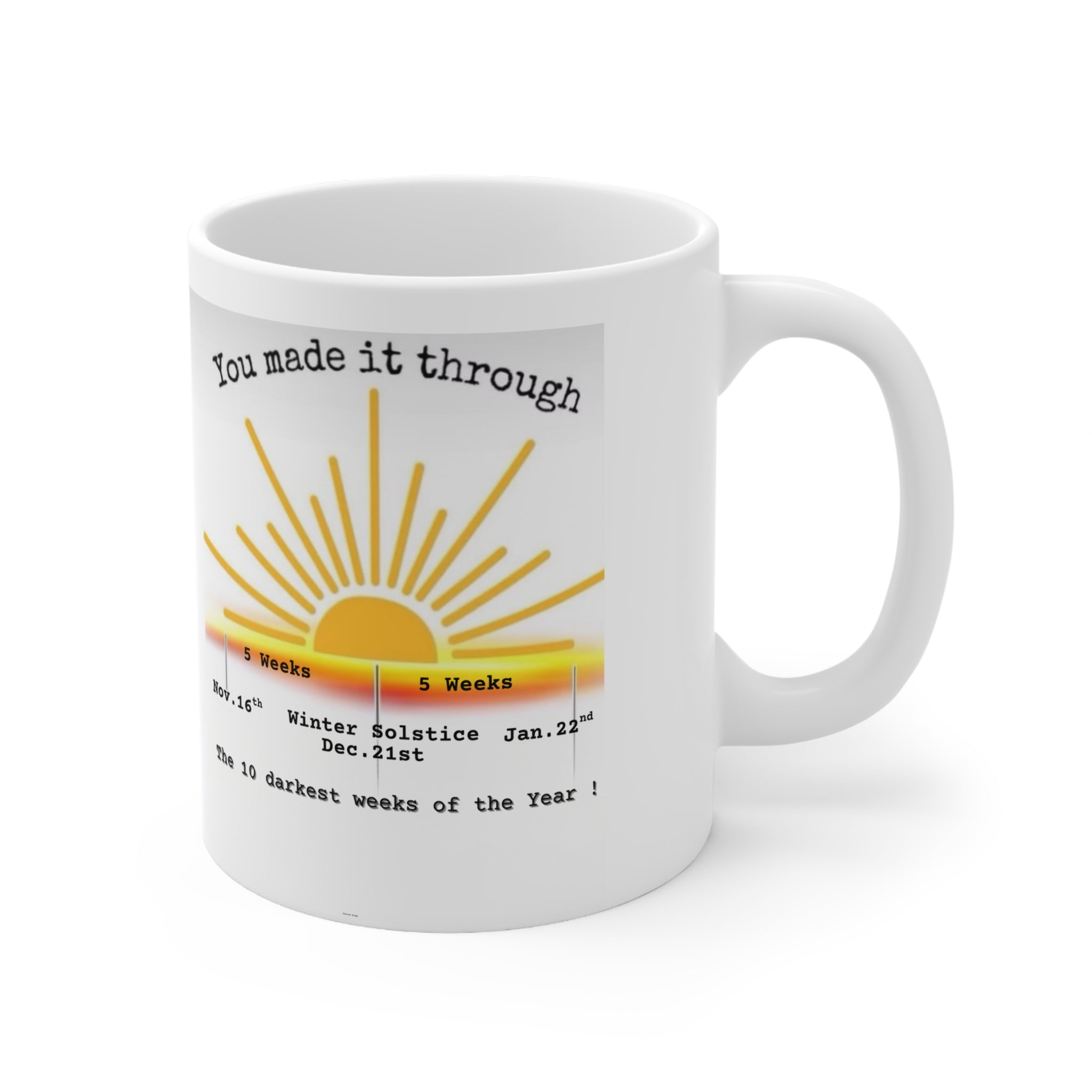 You Made It Through the 10 Darkest Weeks of the Year Mug — Motivational Winter Survival Coffee Cup (11oz, 15oz)