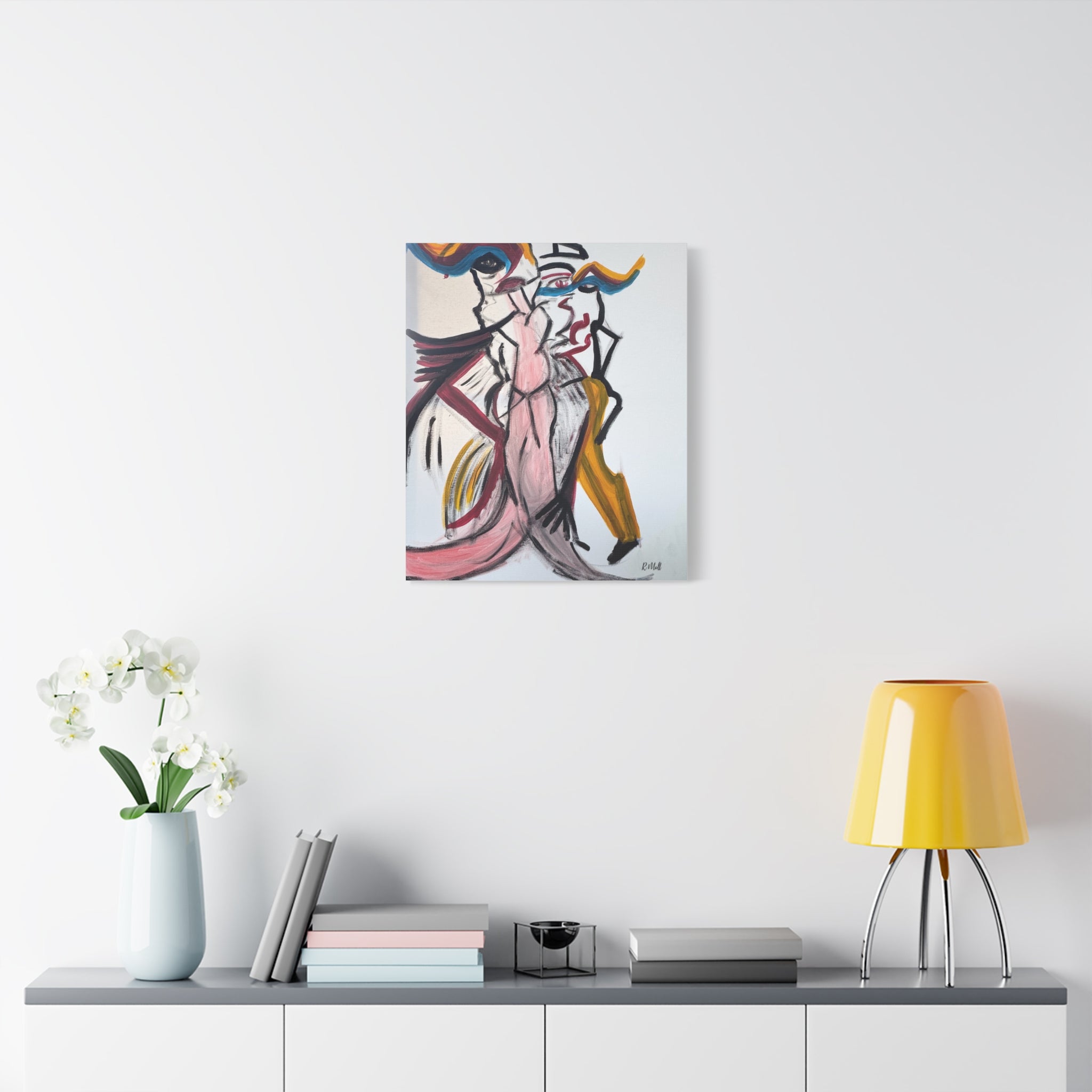 Abstract Figurative Canvas Art — Modern Pink & Ochre Stretched Matte Canvas  — Dance with me lady