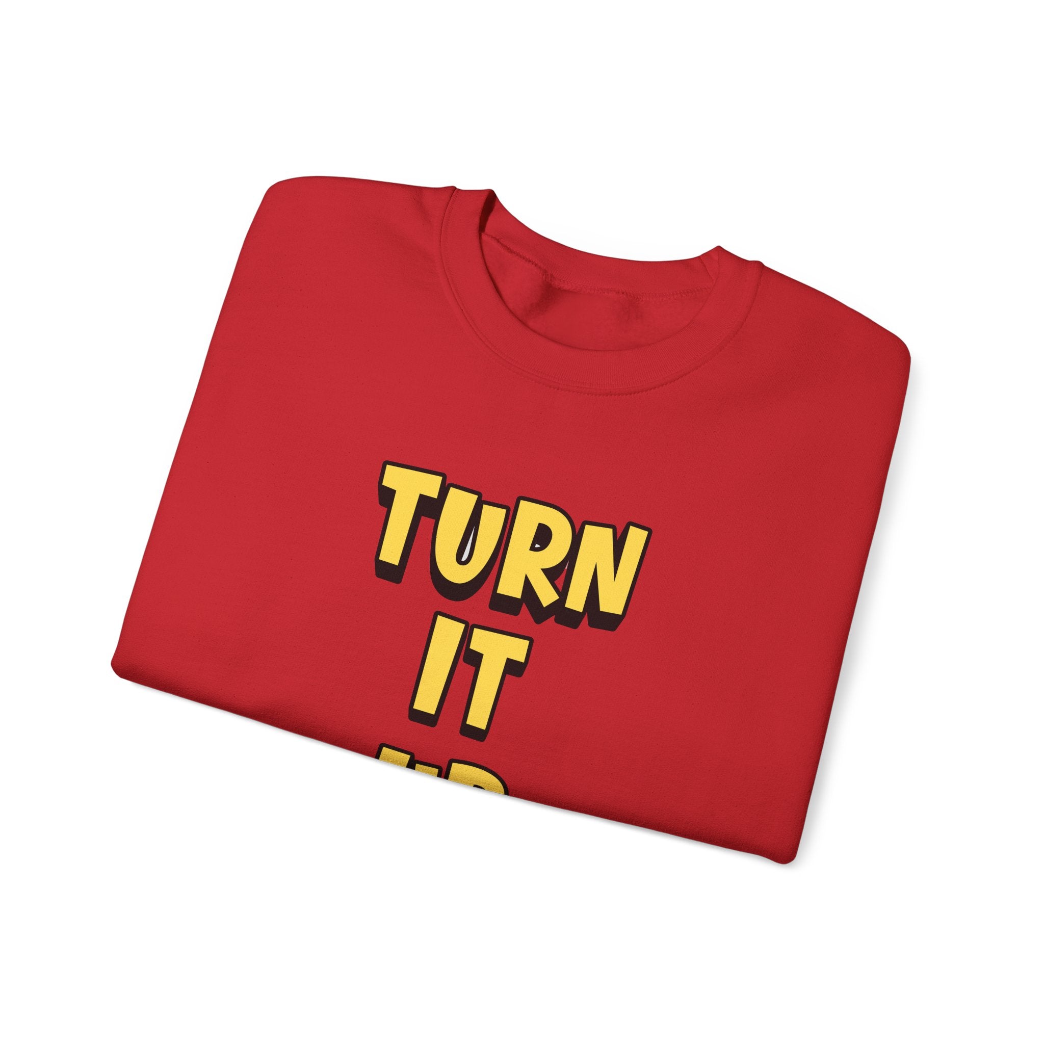Turn It Up Sweatshirt | Rugby Crewneck Jumper, Yellow Block Text Graphic, UK Sports Fan