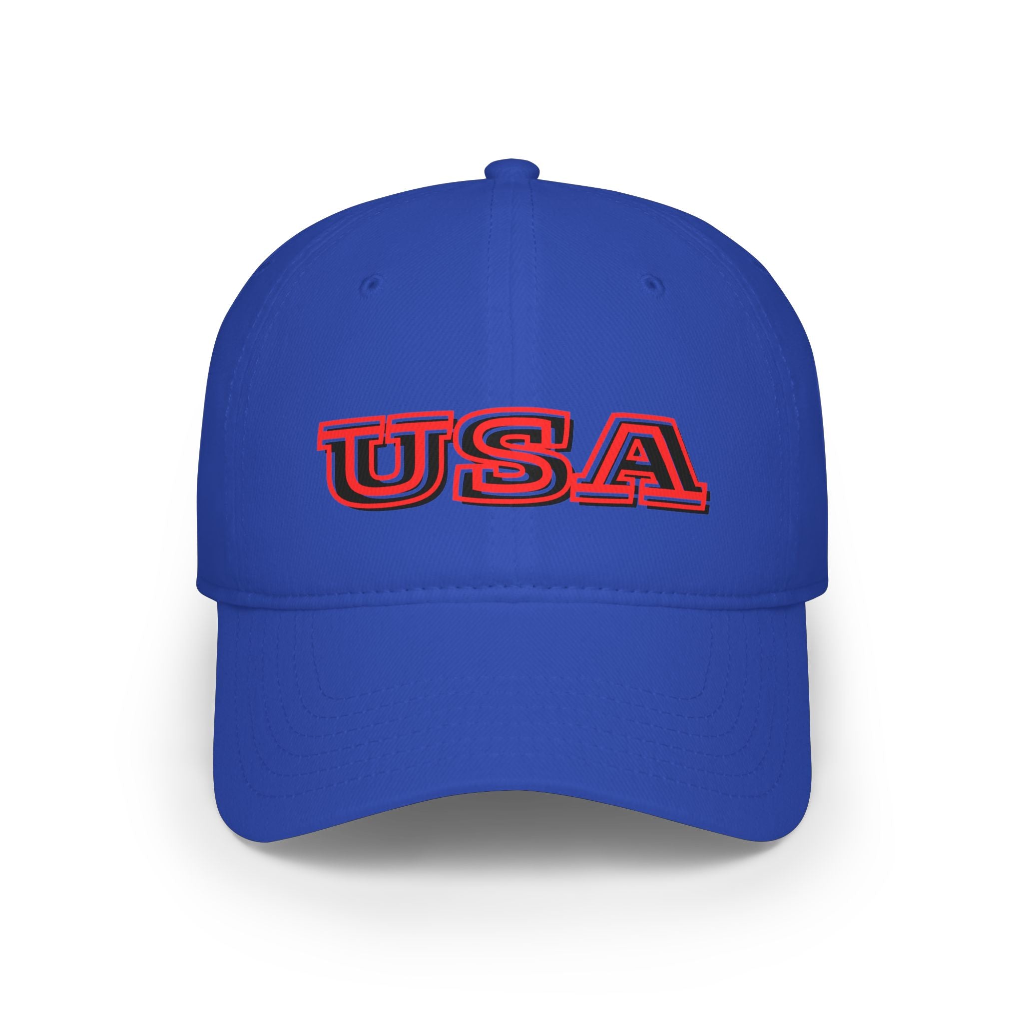 USA outline logo Low Profile Cap | Patriotic American hat, red embroidered text