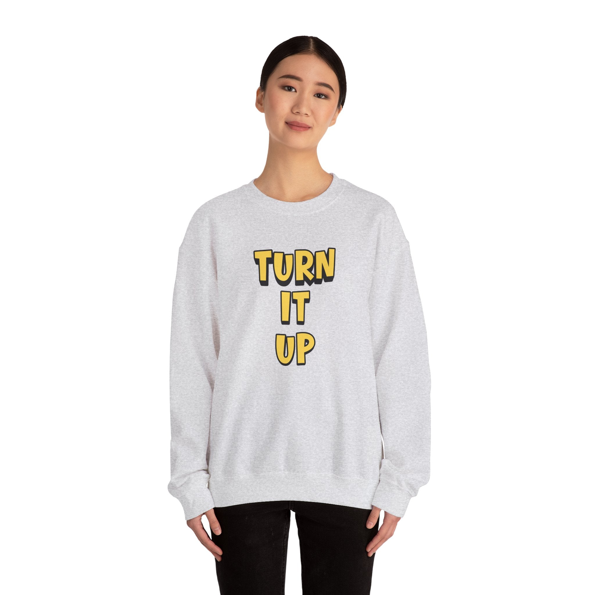 Turn It Up Sweatshirt | Rugby Crewneck Jumper, Yellow Block Text Graphic, UK Sports Fan