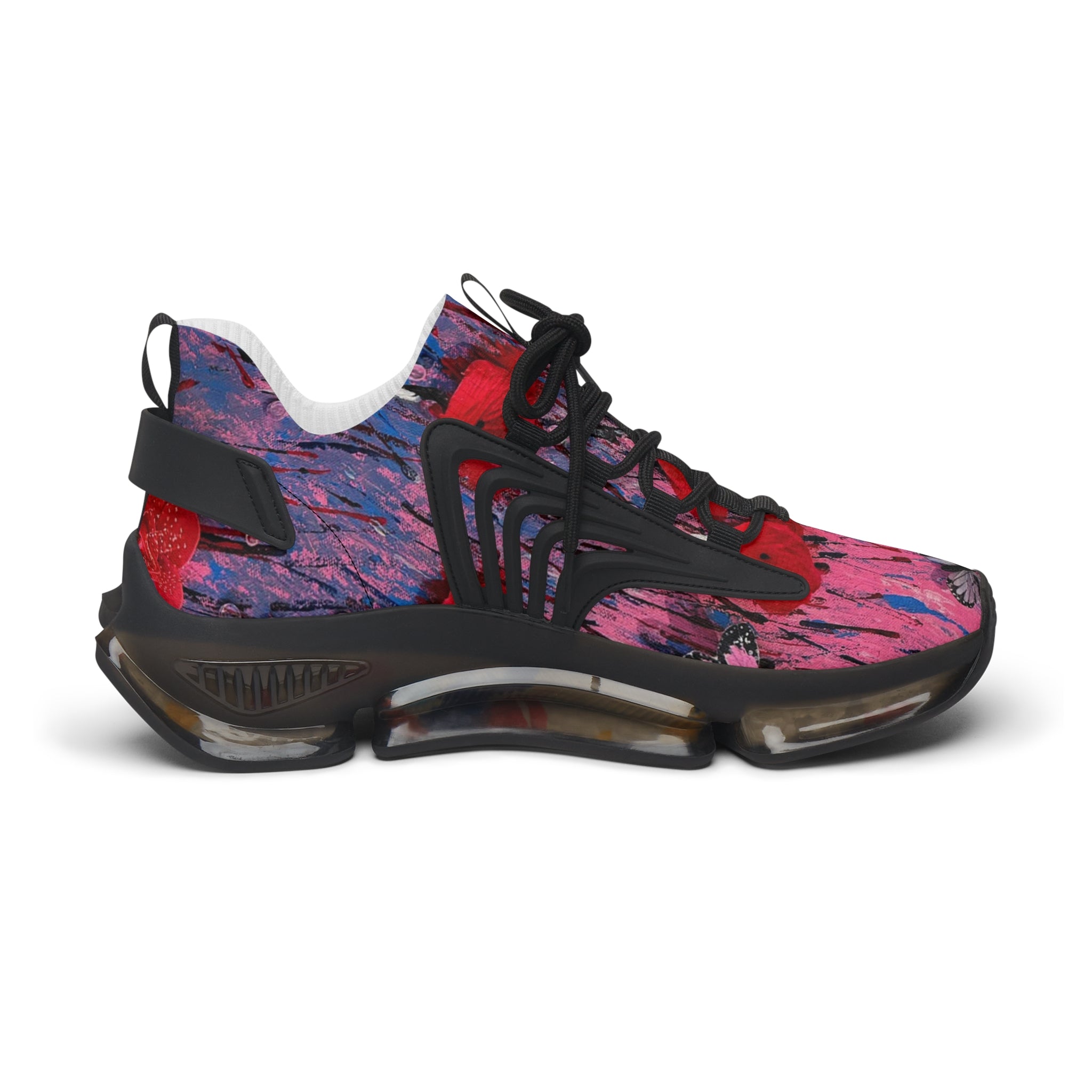 Pink Red Abstract Floral Poppy Print Women's Mesh Sneakers | Athletic Running Shoes