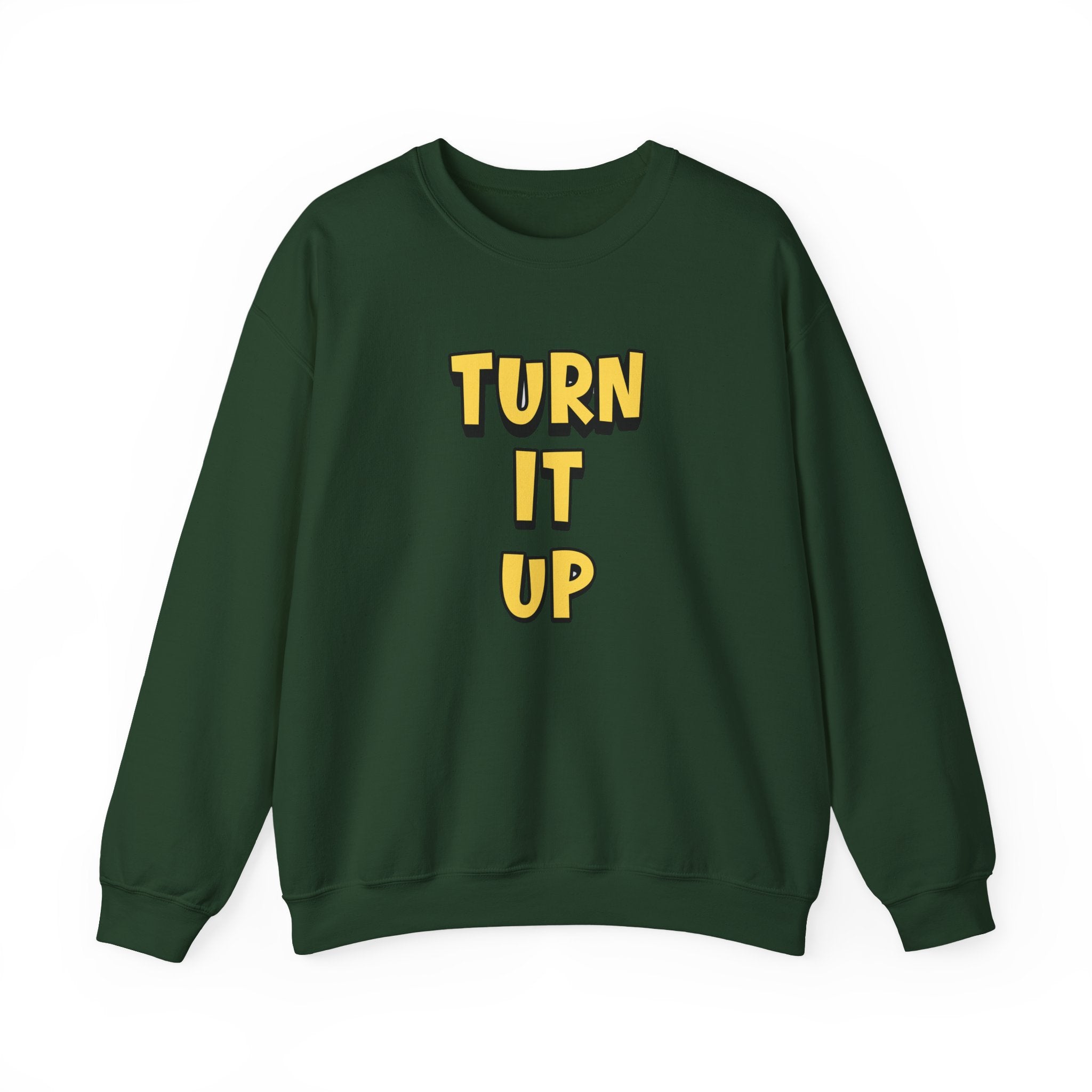 Turn It Up Sweatshirt | Rugby Crewneck Jumper, Yellow Block Text Graphic, UK Sports Fan