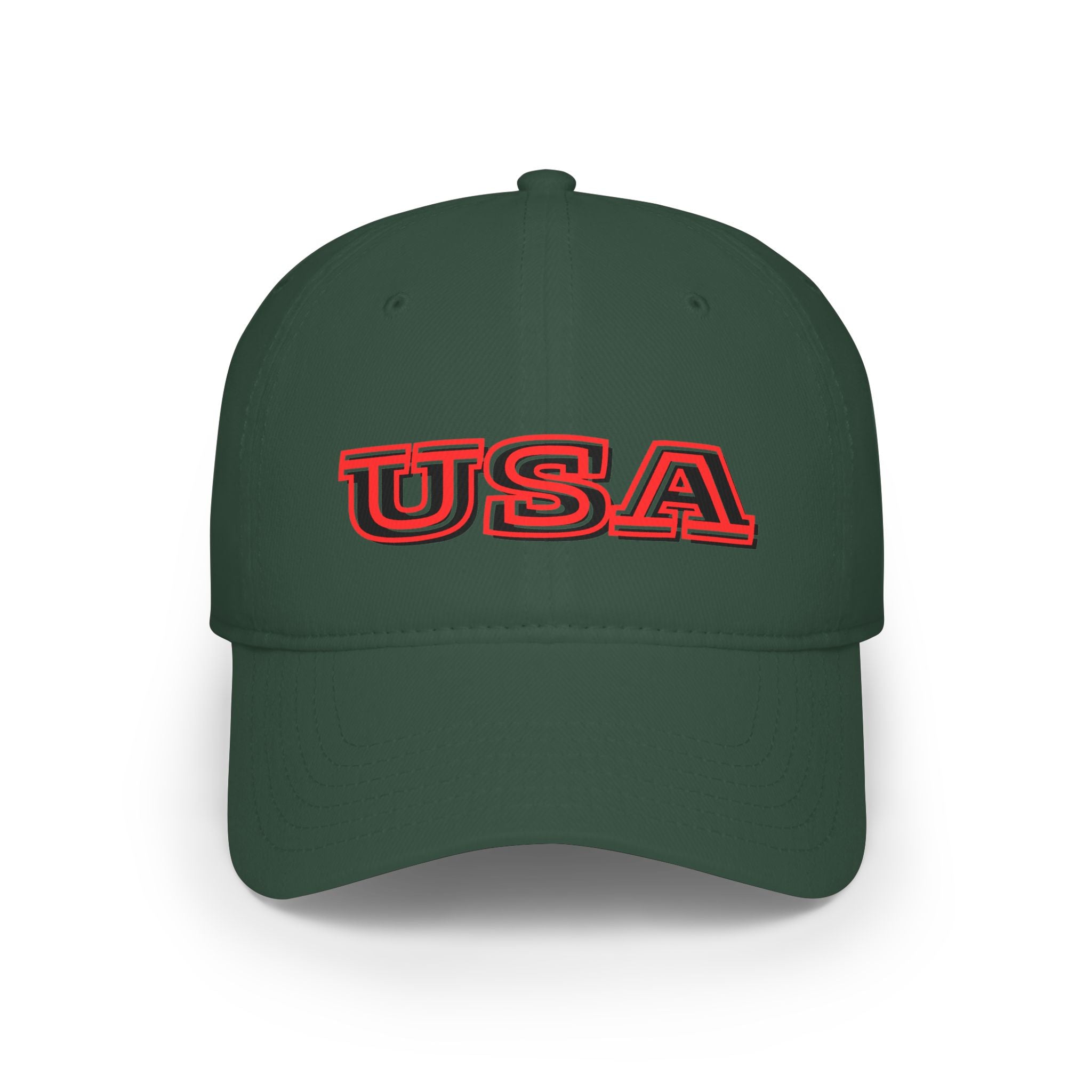 USA outline logo Low Profile Cap | Patriotic American hat, red embroidered text