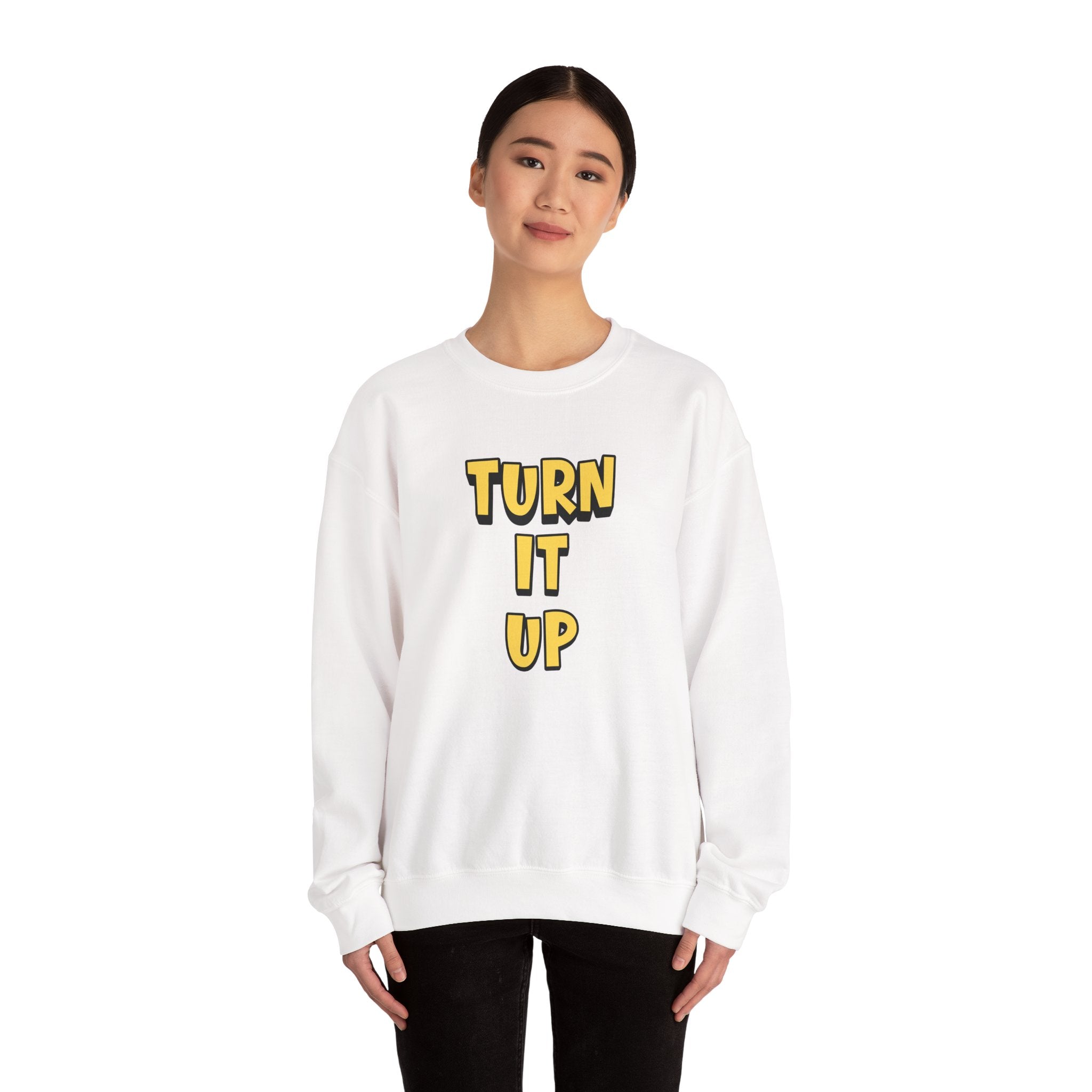 Turn It Up Sweatshirt | Rugby Crewneck Jumper, Yellow Block Text Graphic, UK Sports Fan