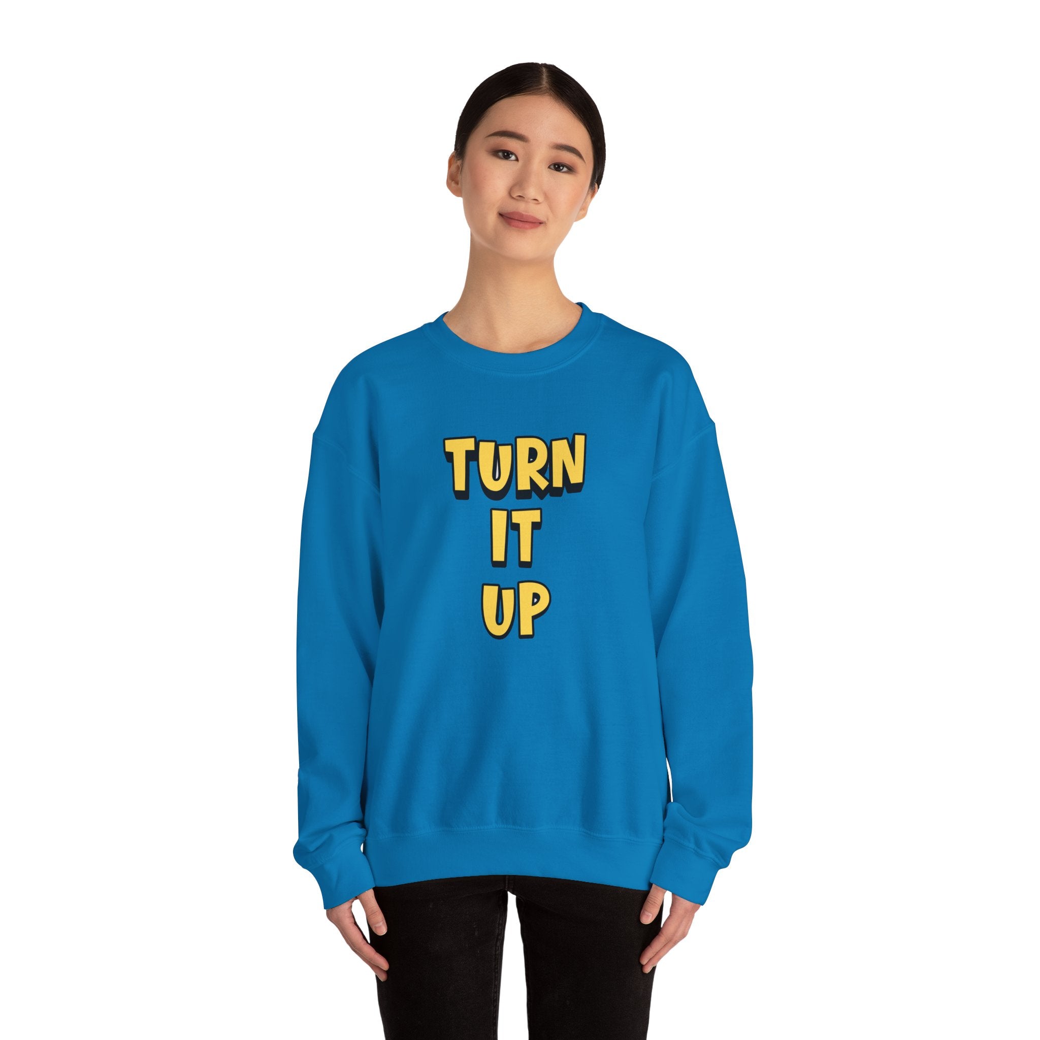 Turn It Up Sweatshirt | Rugby Crewneck Jumper, Yellow Block Text Graphic, UK Sports Fan