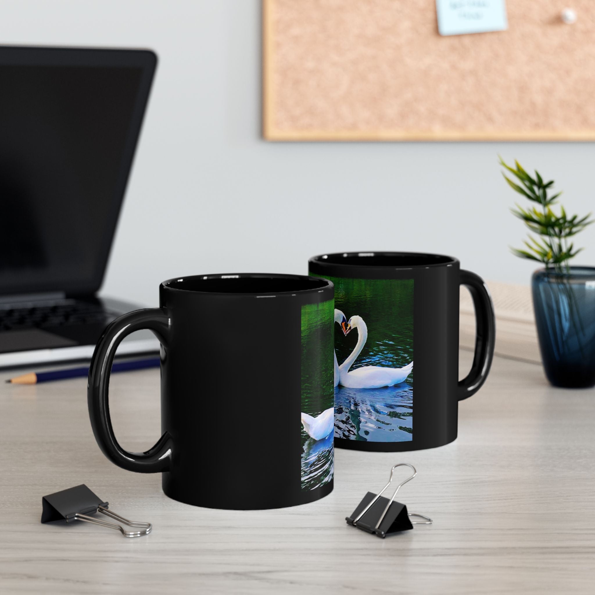 Swan Heart Black Mug | Romantic Valentines Gift, Love Bird Coffee Cup