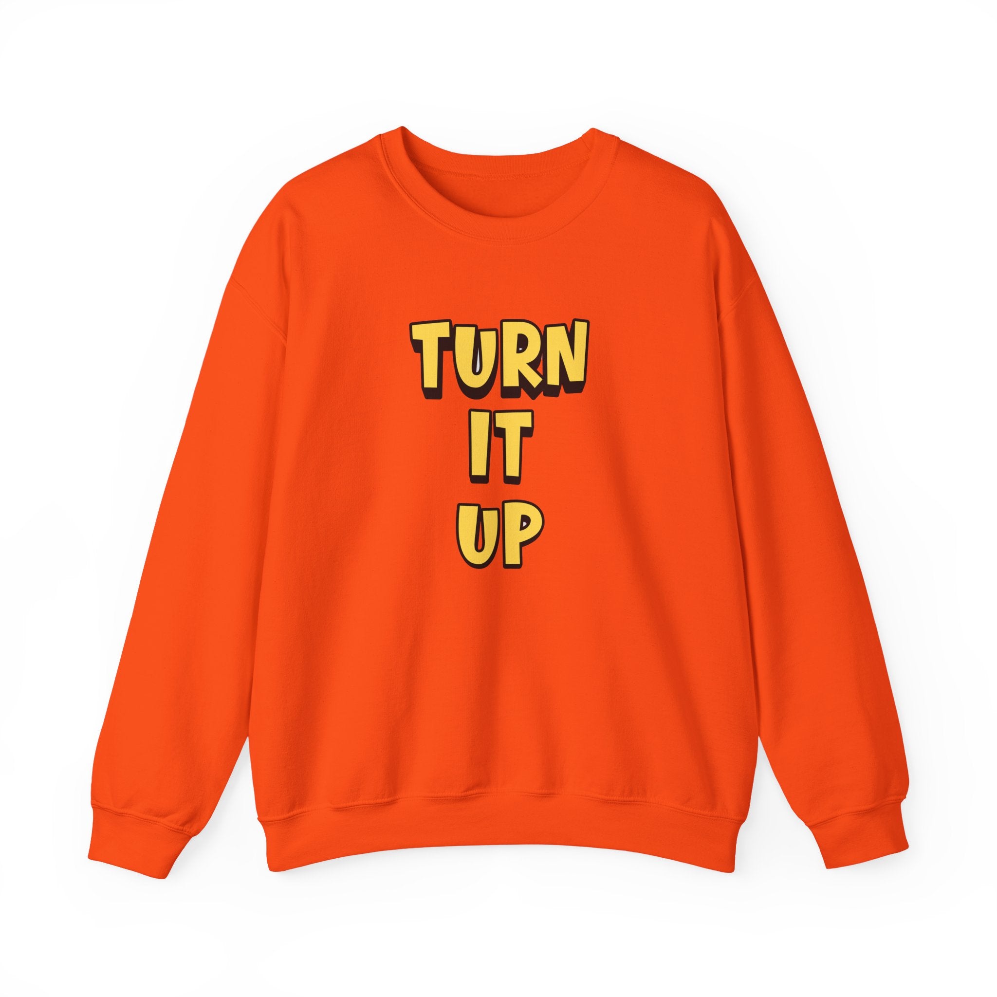 Turn It Up Sweatshirt | Rugby Crewneck Jumper, Yellow Block Text Graphic, UK Sports Fan