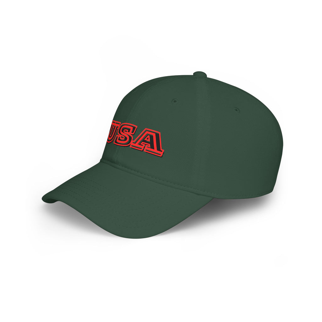 USA outline logo Low Profile Cap | Patriotic American hat, red embroidered text