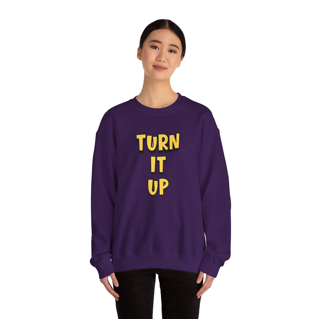 Turn It Up Sweatshirt | Rugby Crewneck Jumper, Yellow Block Text Graphic, UK Sports Fan