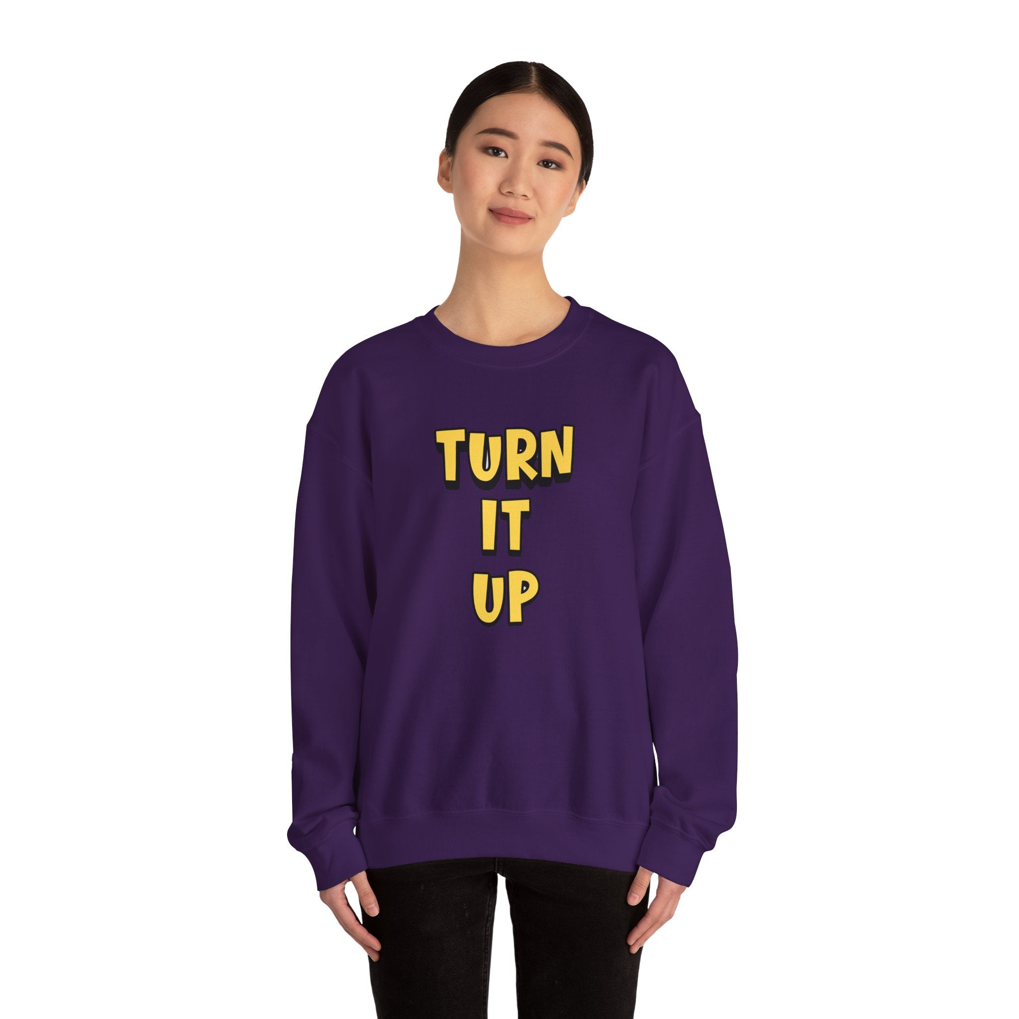Turn It Up Sweatshirt | Rugby Crewneck Jumper, Yellow Block Text Graphic, UK Sports Fan