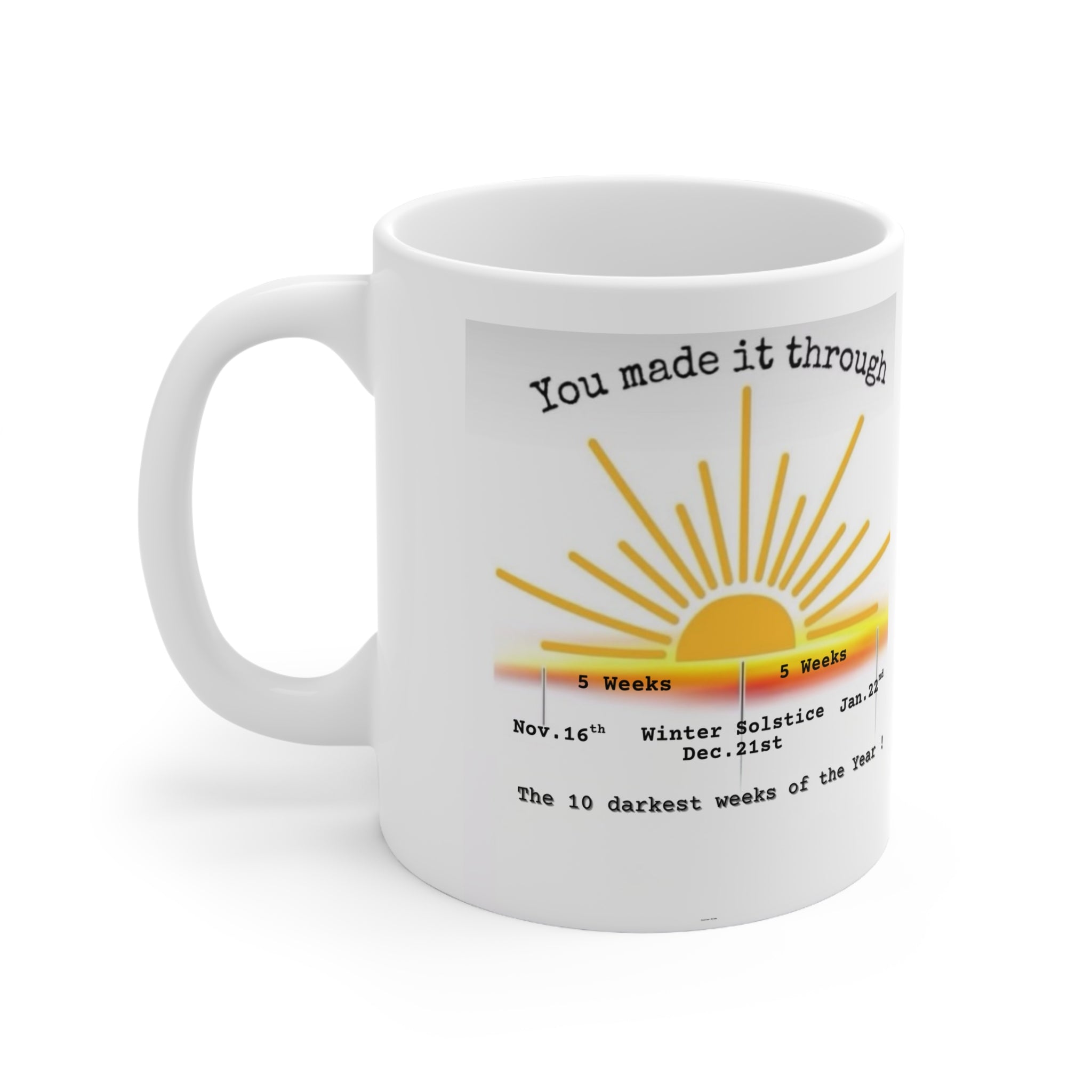 You Made It Through the 10 Darkest Weeks of the Year Mug — Motivational Winter Survival Coffee Cup (11oz, 15oz)