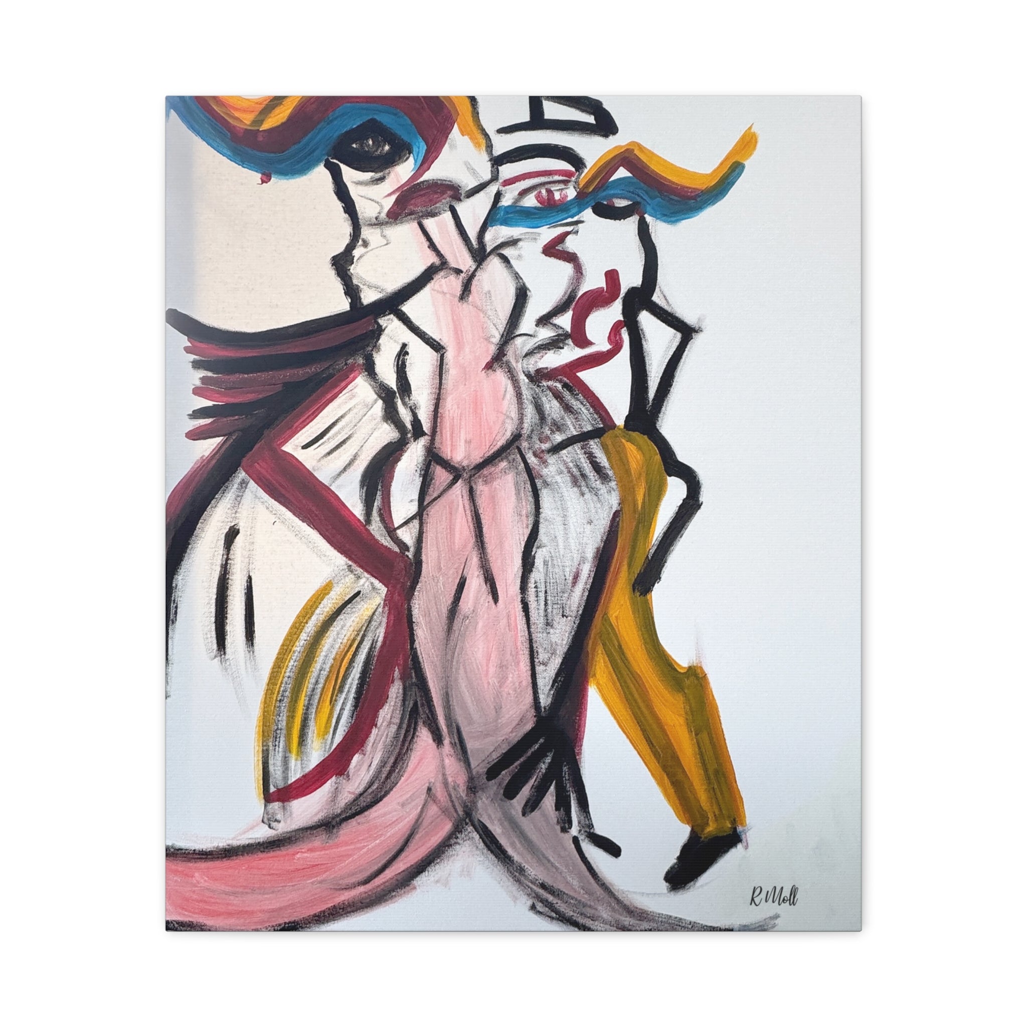 Abstract Figurative Canvas Art — Modern Pink & Ochre Stretched Matte Canvas  — Dance with me lady