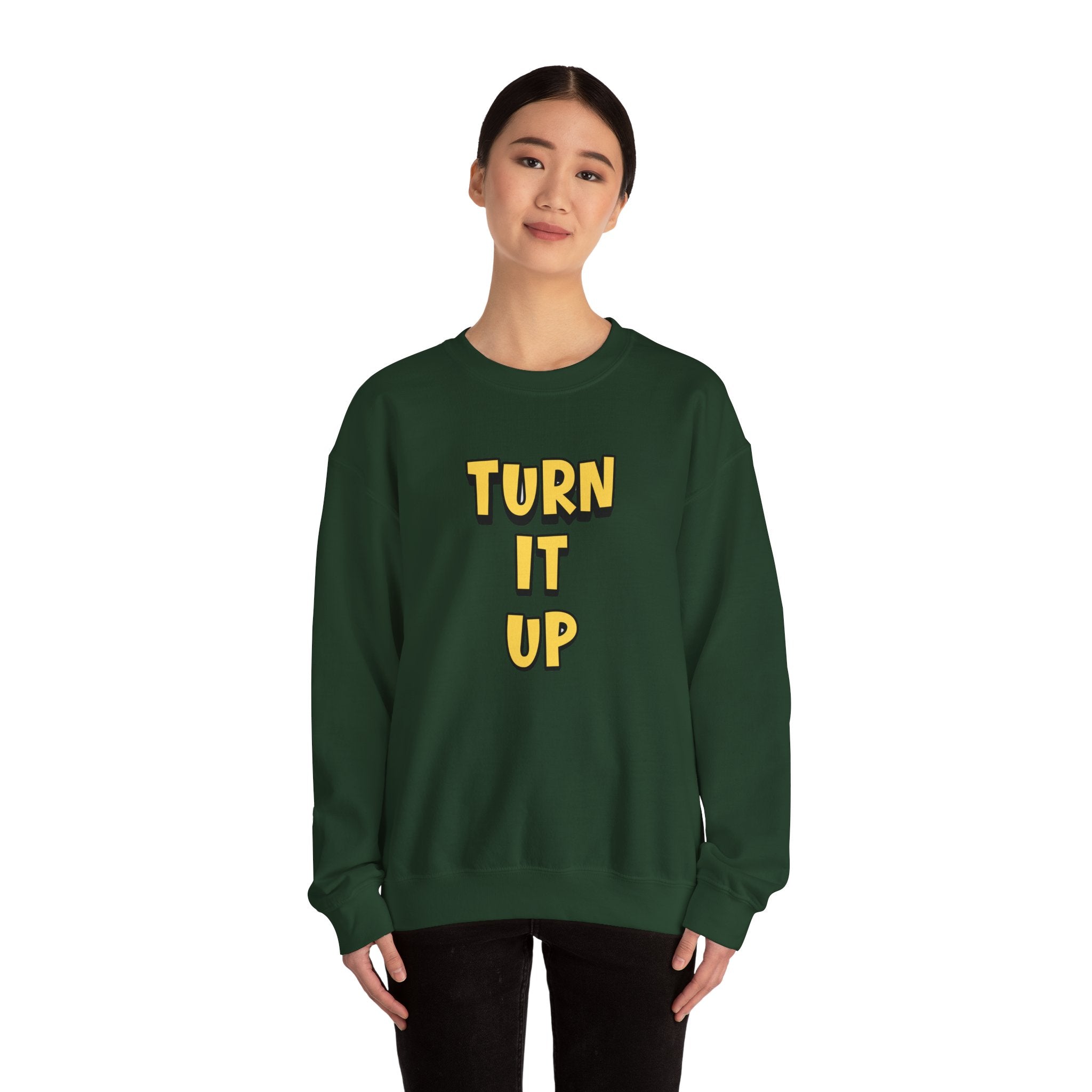 Turn It Up Sweatshirt | Rugby Crewneck Jumper, Yellow Block Text Graphic, UK Sports Fan