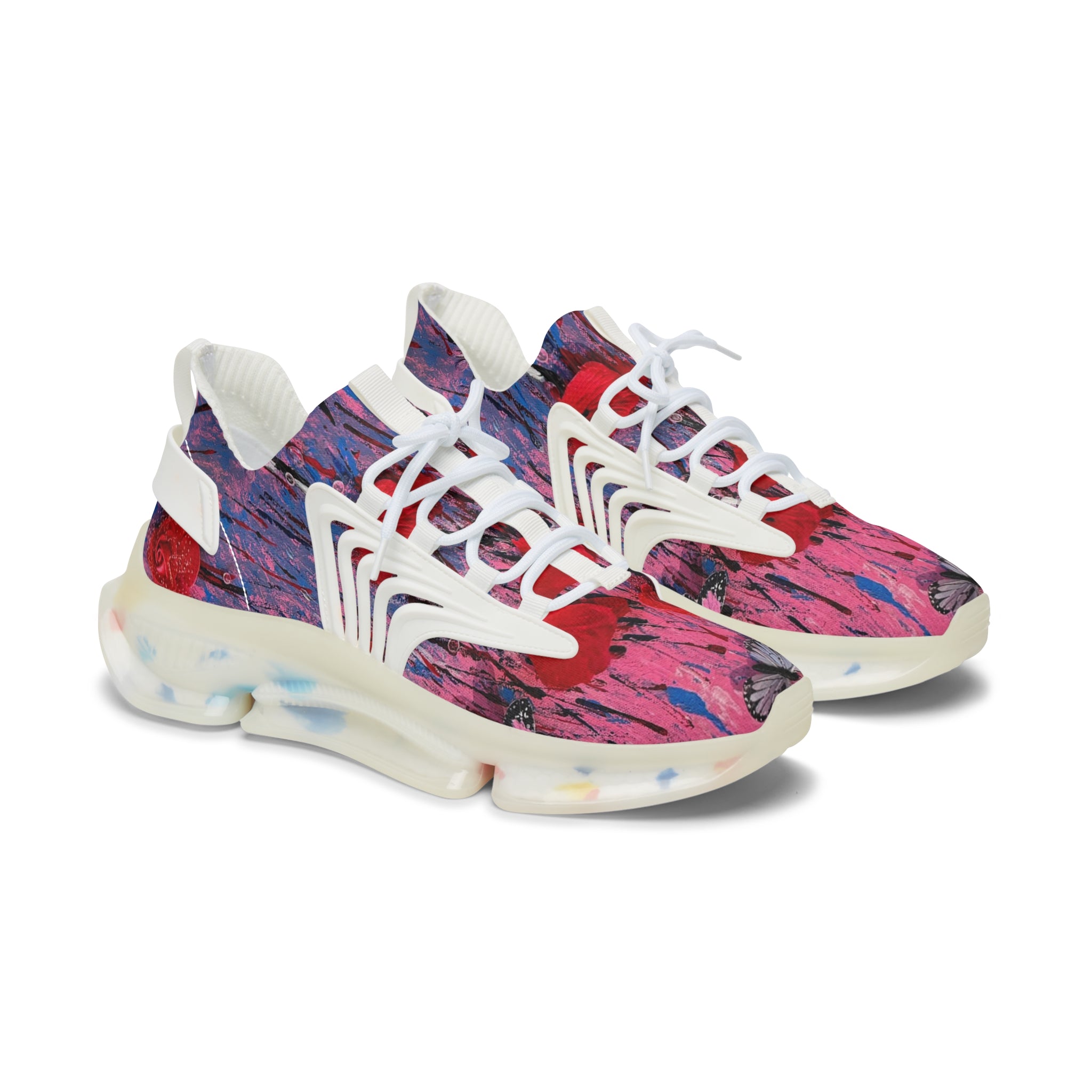 Pink Red Abstract Floral Poppy Print Women's Mesh Sneakers | Athletic Running Shoes
