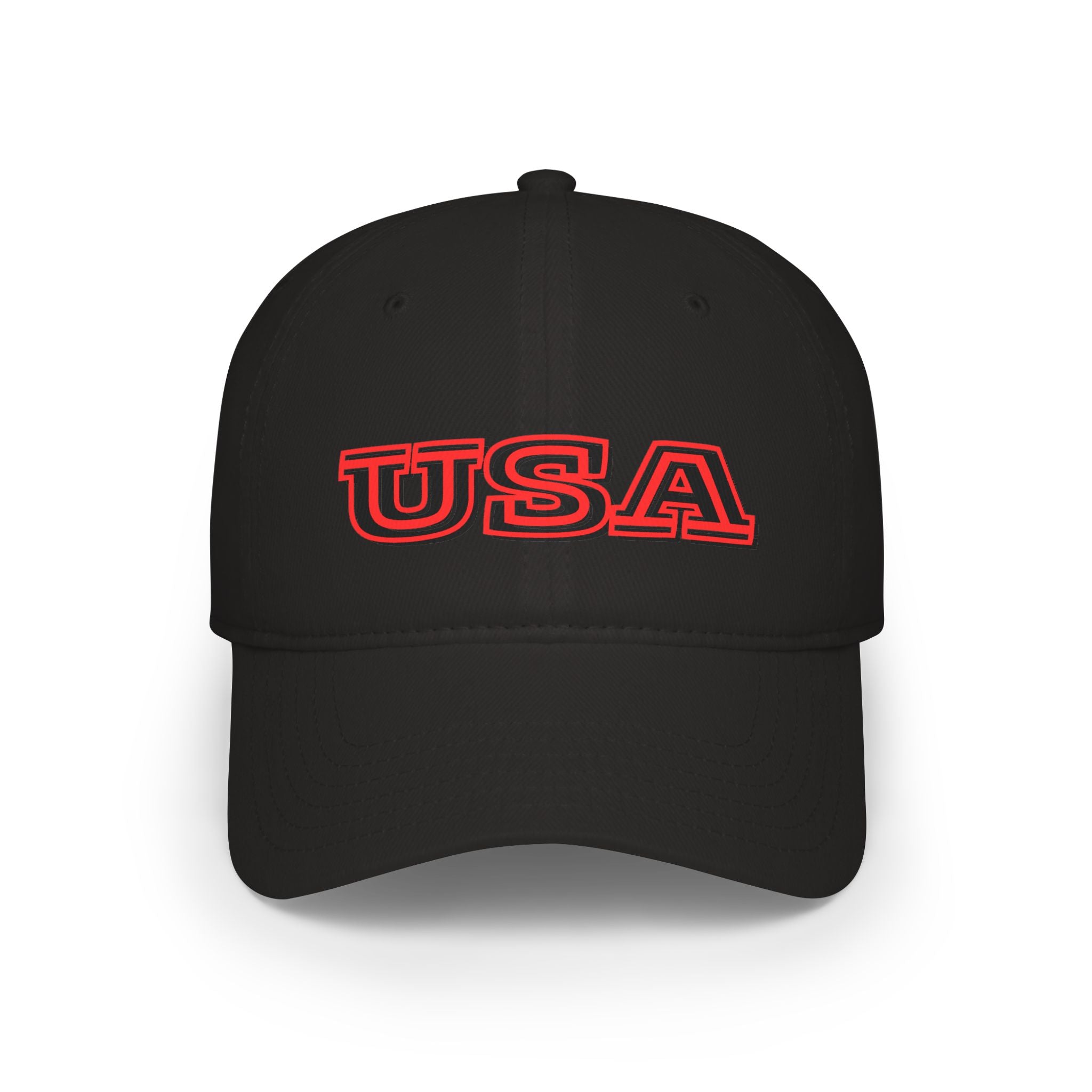 USA outline logo Low Profile Cap | Patriotic American hat, red embroidered text
