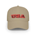USA outline logo Low Profile Cap | Patriotic American hat, red embroidered text