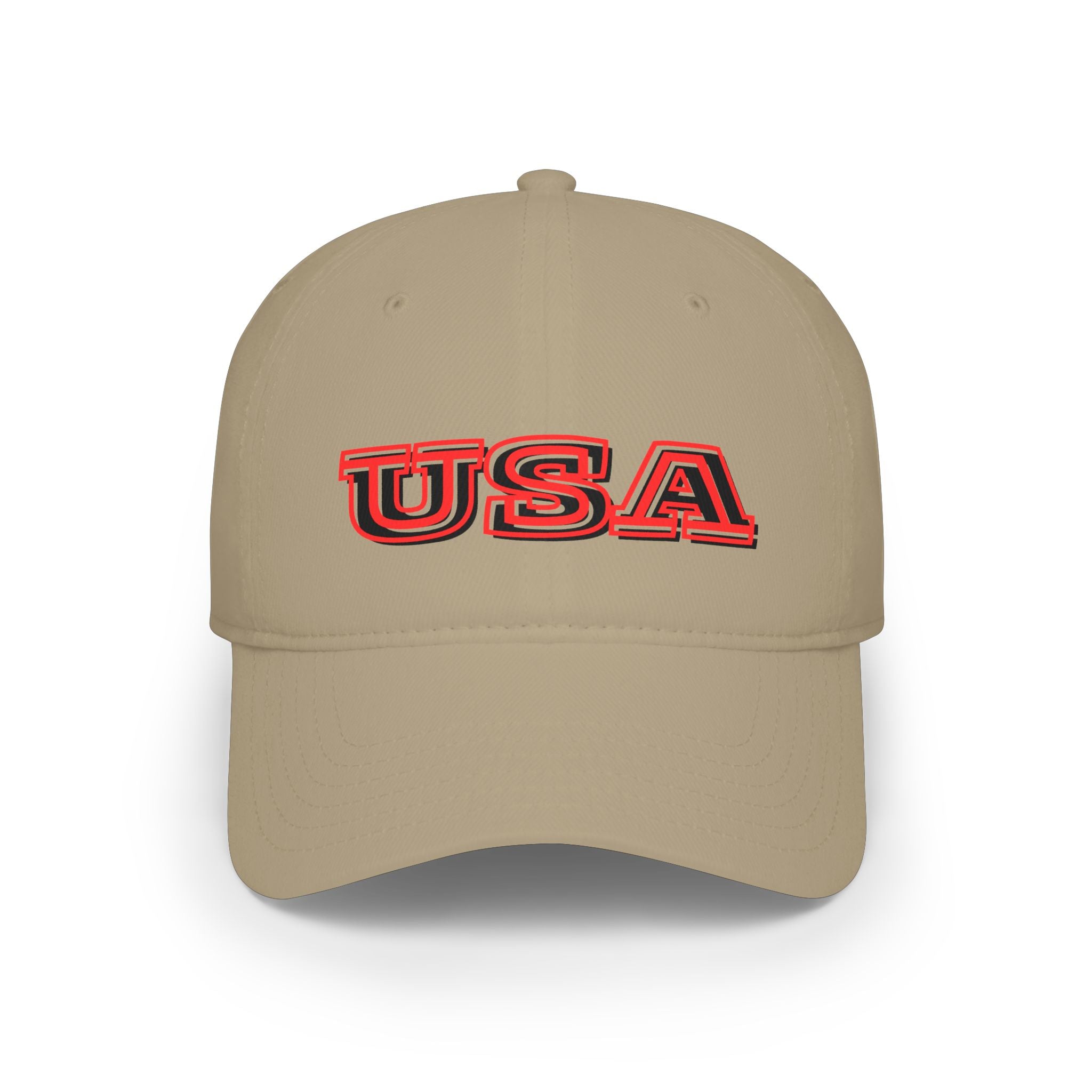 USA outline logo Low Profile Cap | Patriotic American hat, red embroidered text