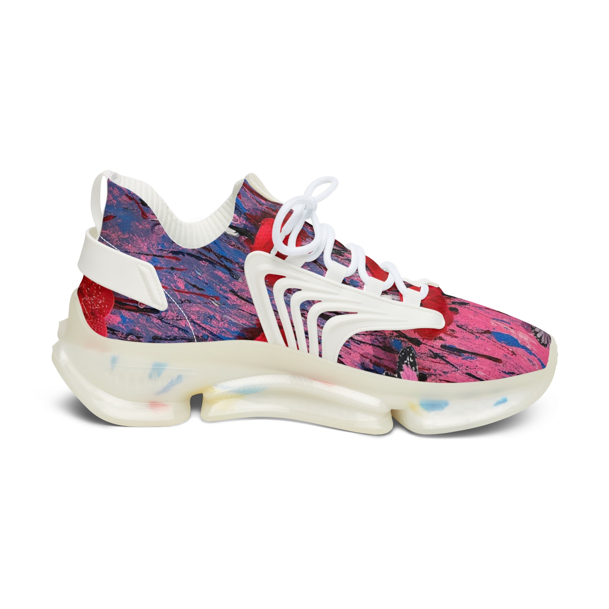 Pink Red Abstract Floral Poppy Print Women's Mesh Sneakers | Athletic Running Shoes