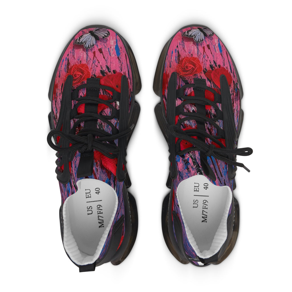 Pink Red Abstract Floral Poppy Print Women's Mesh Sneakers | Athletic Running Shoes