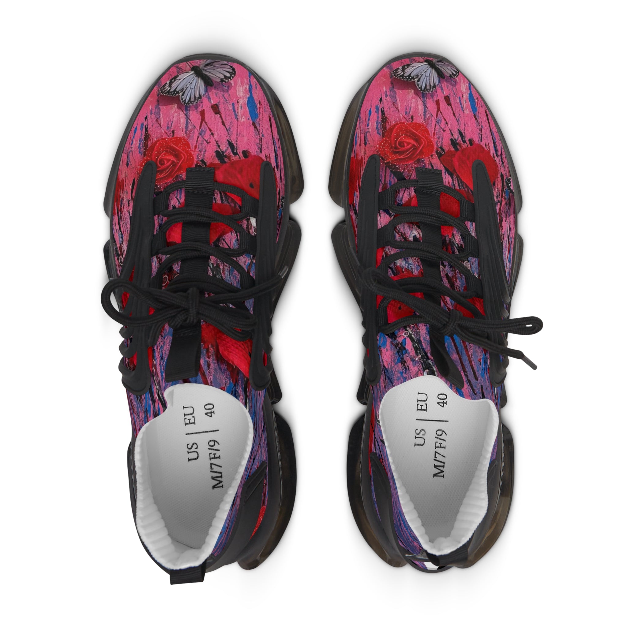 Pink Red Abstract Floral Poppy Print Women's Mesh Sneakers | Athletic Running Shoes