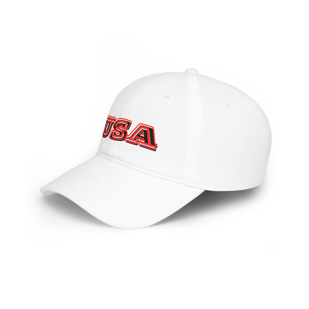 USA outline logo Low Profile Cap | Patriotic American hat, red embroidered text