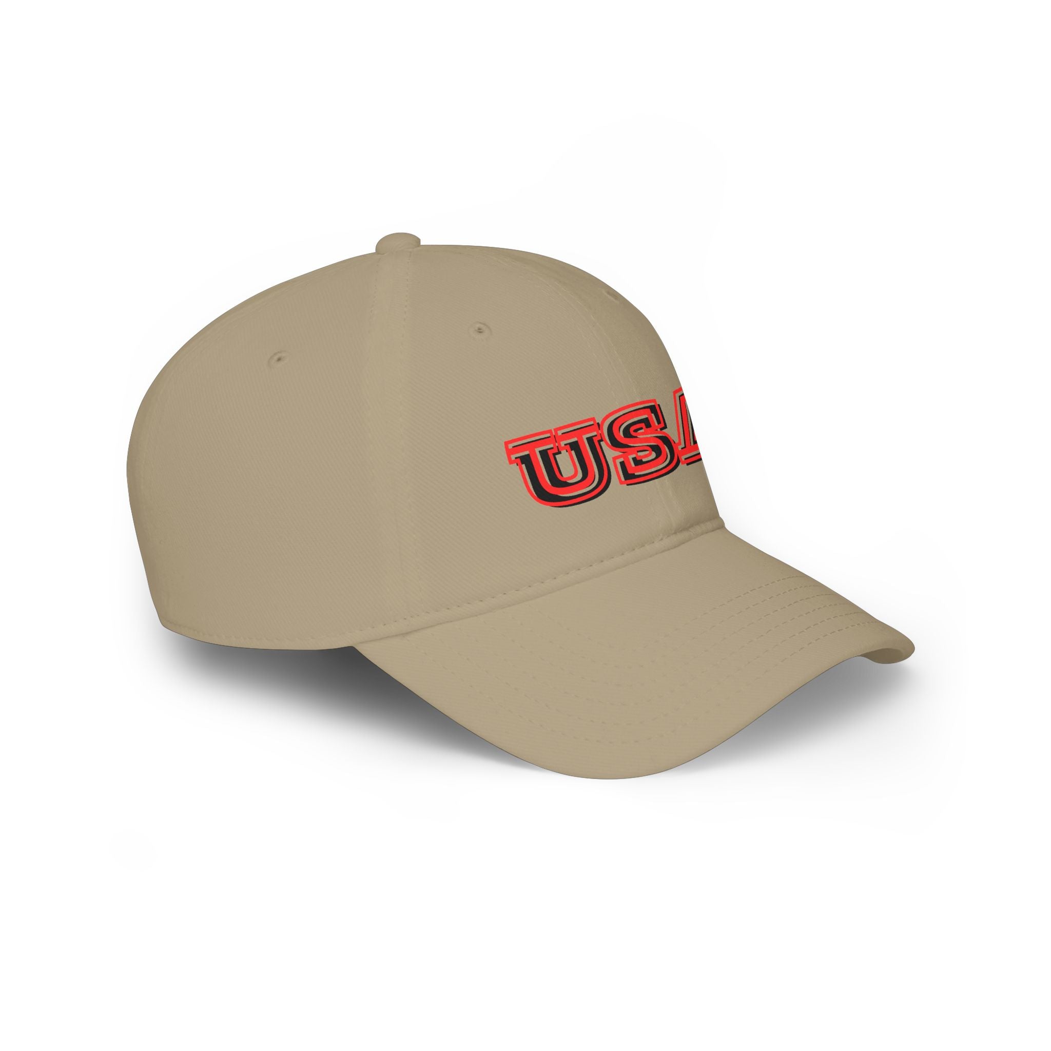 USA outline logo Low Profile Cap | Patriotic American hat, red embroidered text